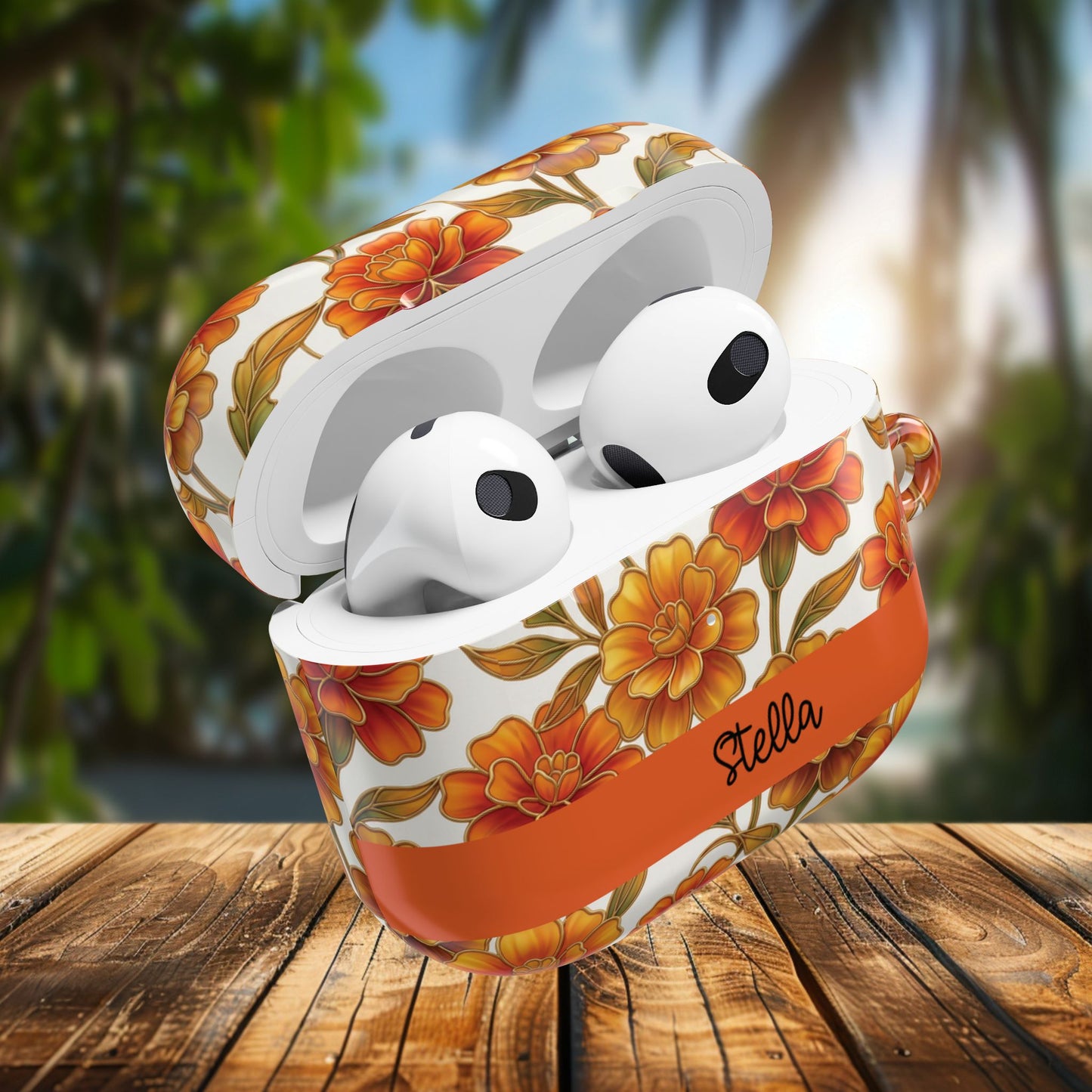 Stained Glass Effect Floral Orange Marigold AirPod Case — Personalized Name Option