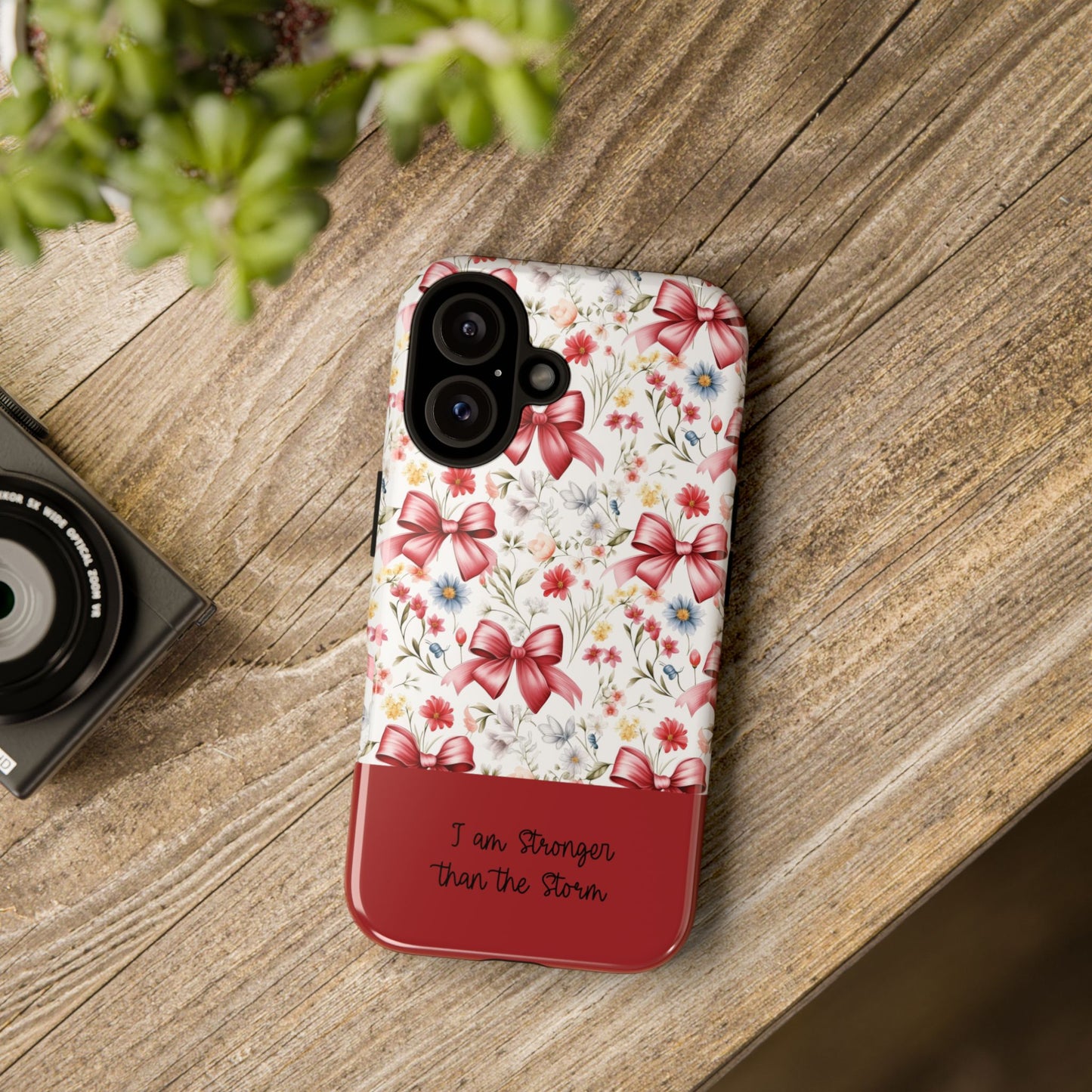 Personalized Rosette Coquette Phone Case - Custom Name/Message 'I Am Stronger Than The Storm' Floral Bow Protective Case