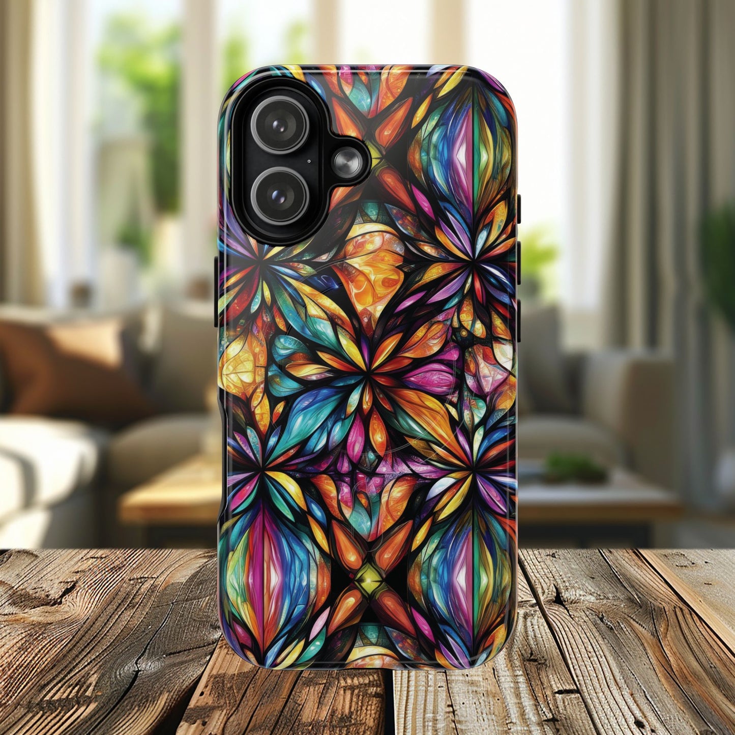 Luminous Whirl Tough Magnetic iPhone Cases, Vibrant Protection, Unique Floral Print, Durable Cover, Gift for Tech Lovers, iPhone Accessory, Stained Glass iPhone Design.