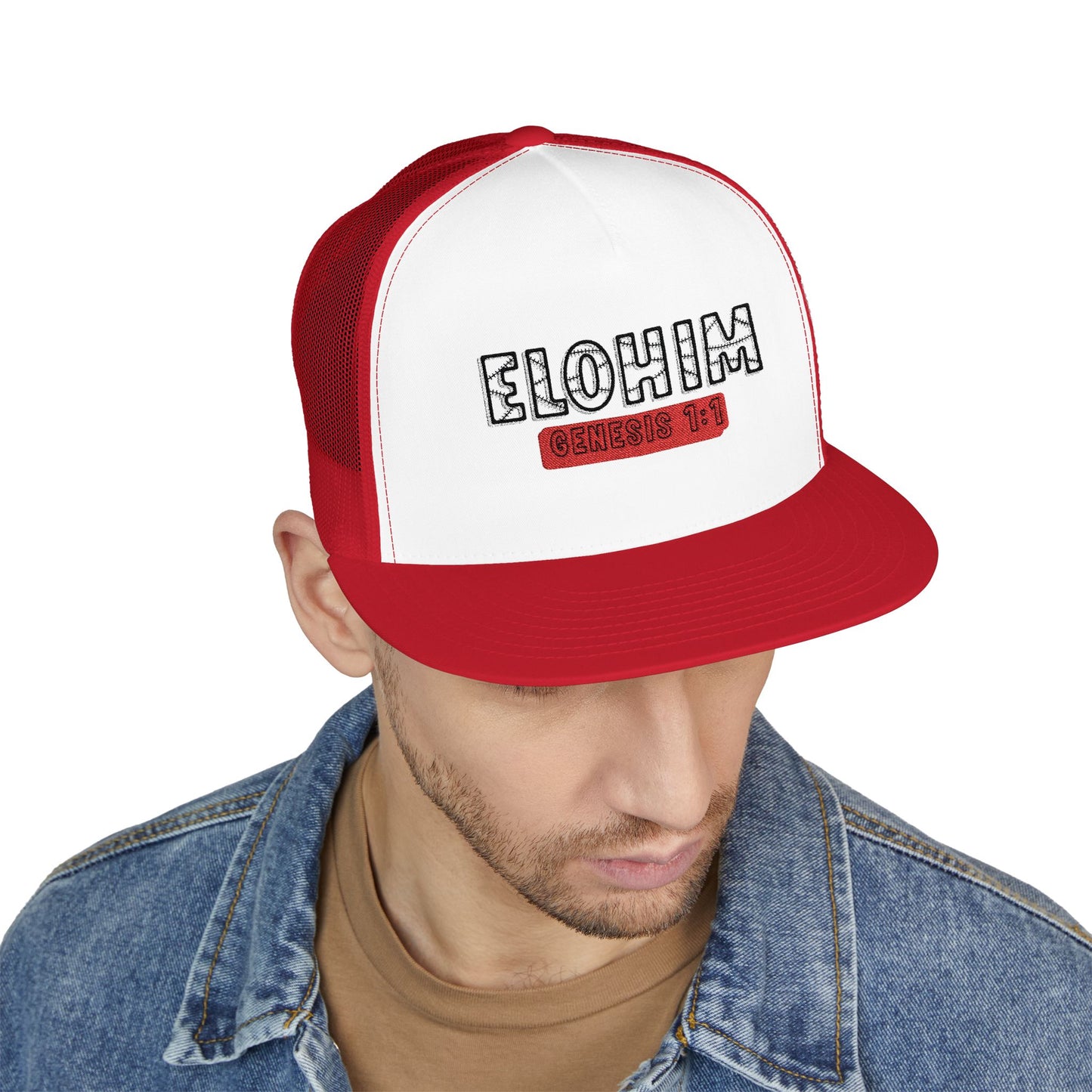 'ELOHIM, GENESIS 1:1'  Embroidered 5 Panel Trucker Cap | Casual Style Hat, Adjustable, Unisex, Perfect Gift for Outdoors, Festivals, Daily Wear