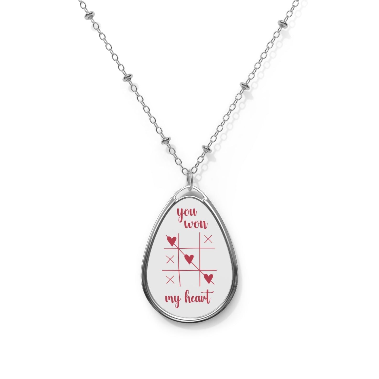 Oval Necklace — "You Won My Heart" Tic-Tac-Toe Teardrop Pendant (Romantic Gift for Giftfriend, Wife, Sisters).