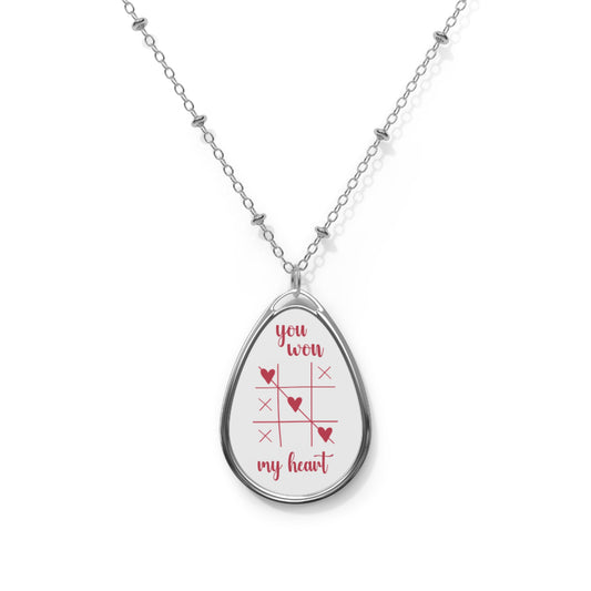 Oval Necklace — "You Won My Heart" Tic-Tac-Toe Teardrop Pendant (Romantic Gift for Giftfriend, Wife, Sisters).