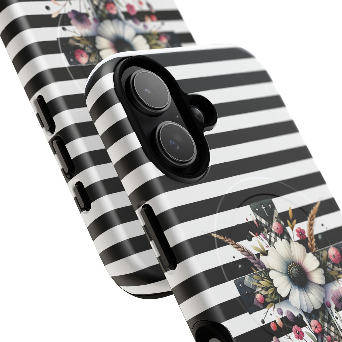 Faith in Bloom Tough iPhone Magnetic Case, iPhone Accessories, Floral iPhone Cover, Durable Cases for Gifts, Black and White Stripes