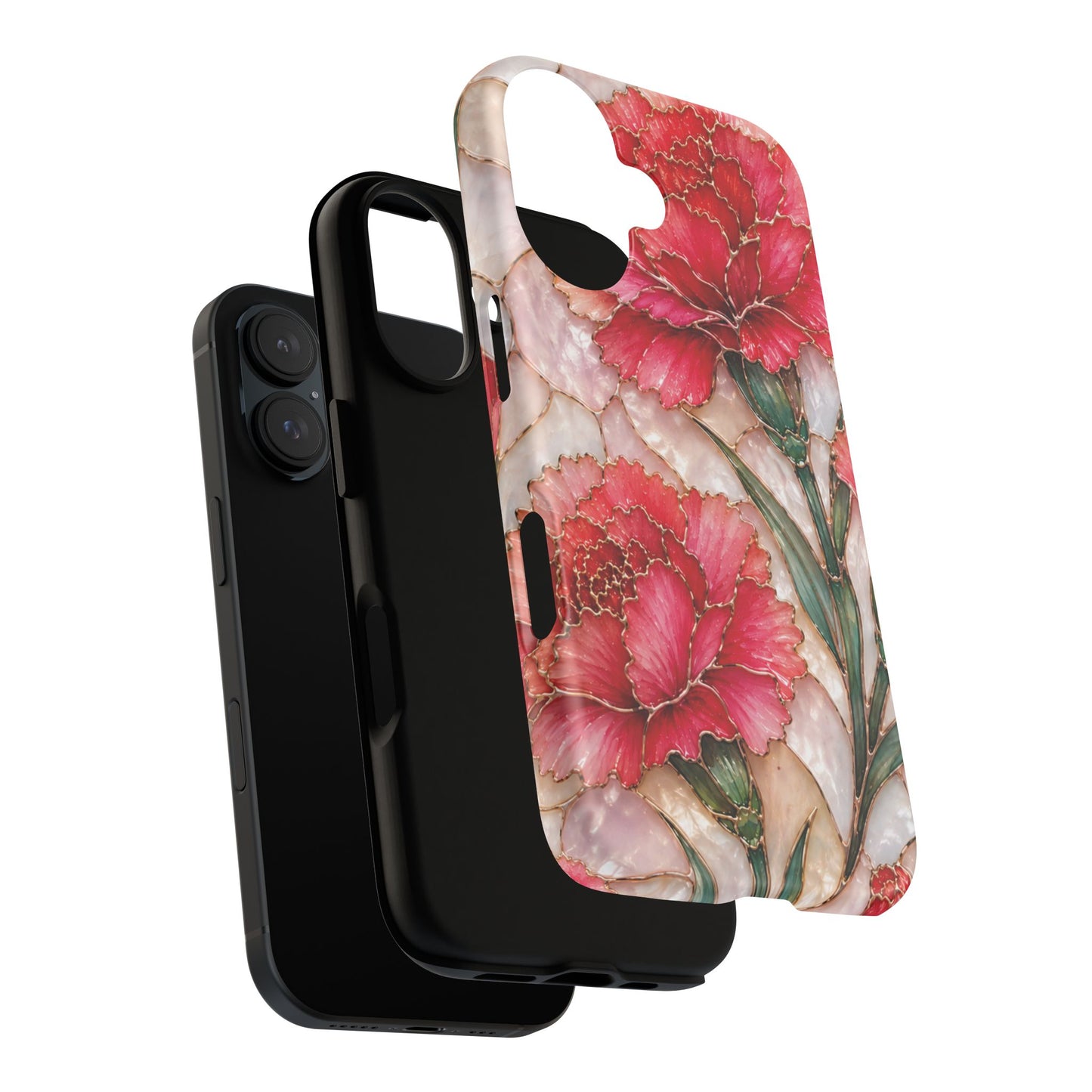 Stained Glass Effect Carnation Floral Tough Phone Case – Pink Vintage Botanical Protective Cover