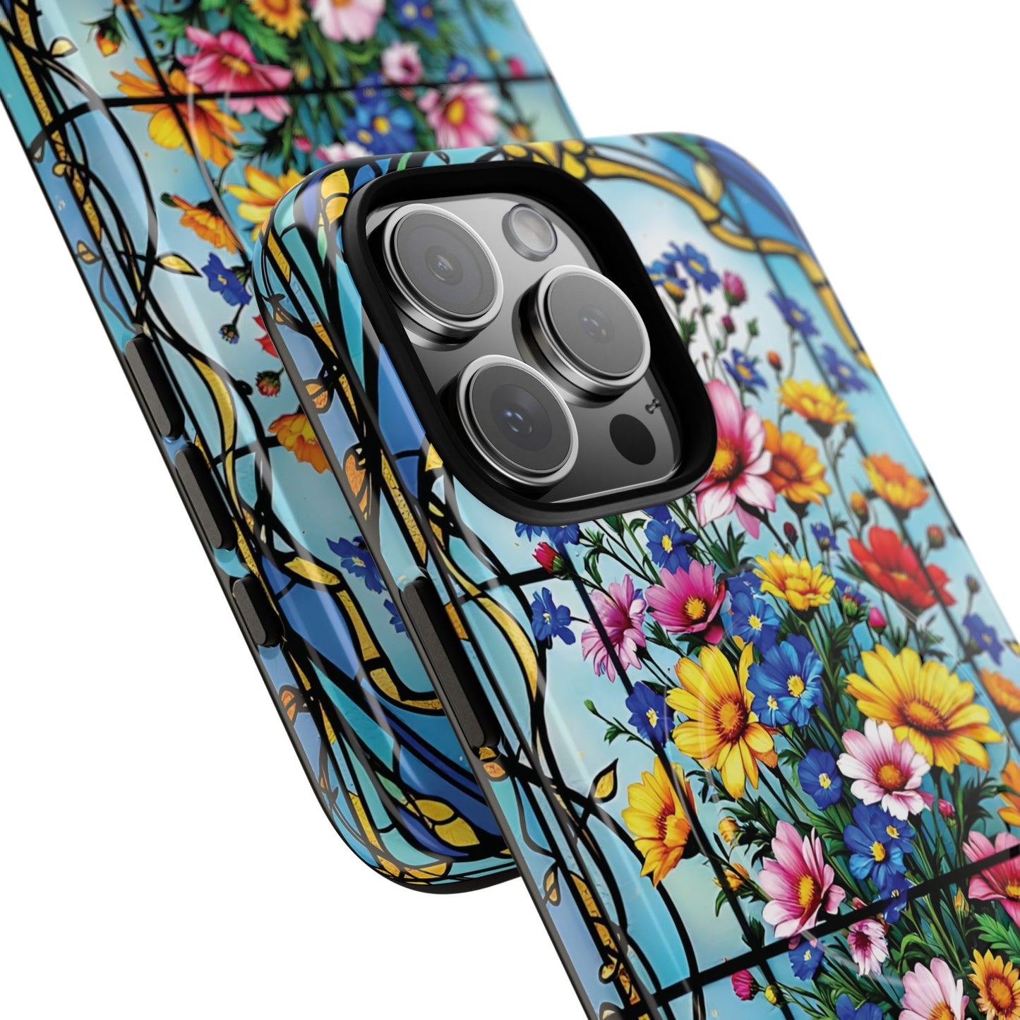 Floral Stained Glass Tough Magnetic Case, Durable Phone Cover, Gift for Nature Lovers, Unique Floral Design, Phone Accessories for All Occasions.