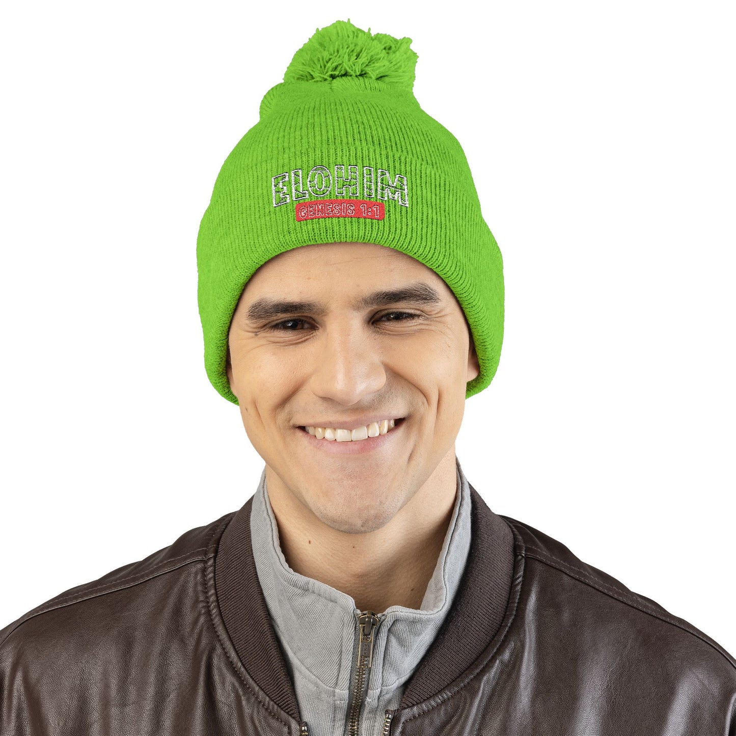 Cozy Pom-Pom Knit Cap with 'ELOHIM, GENESIS 1:1'  Embroidery Beanie - Stylish Winter Accessory for All Ages, Perfect Gift for Birthdays, Holidays, and Outdoor Activities