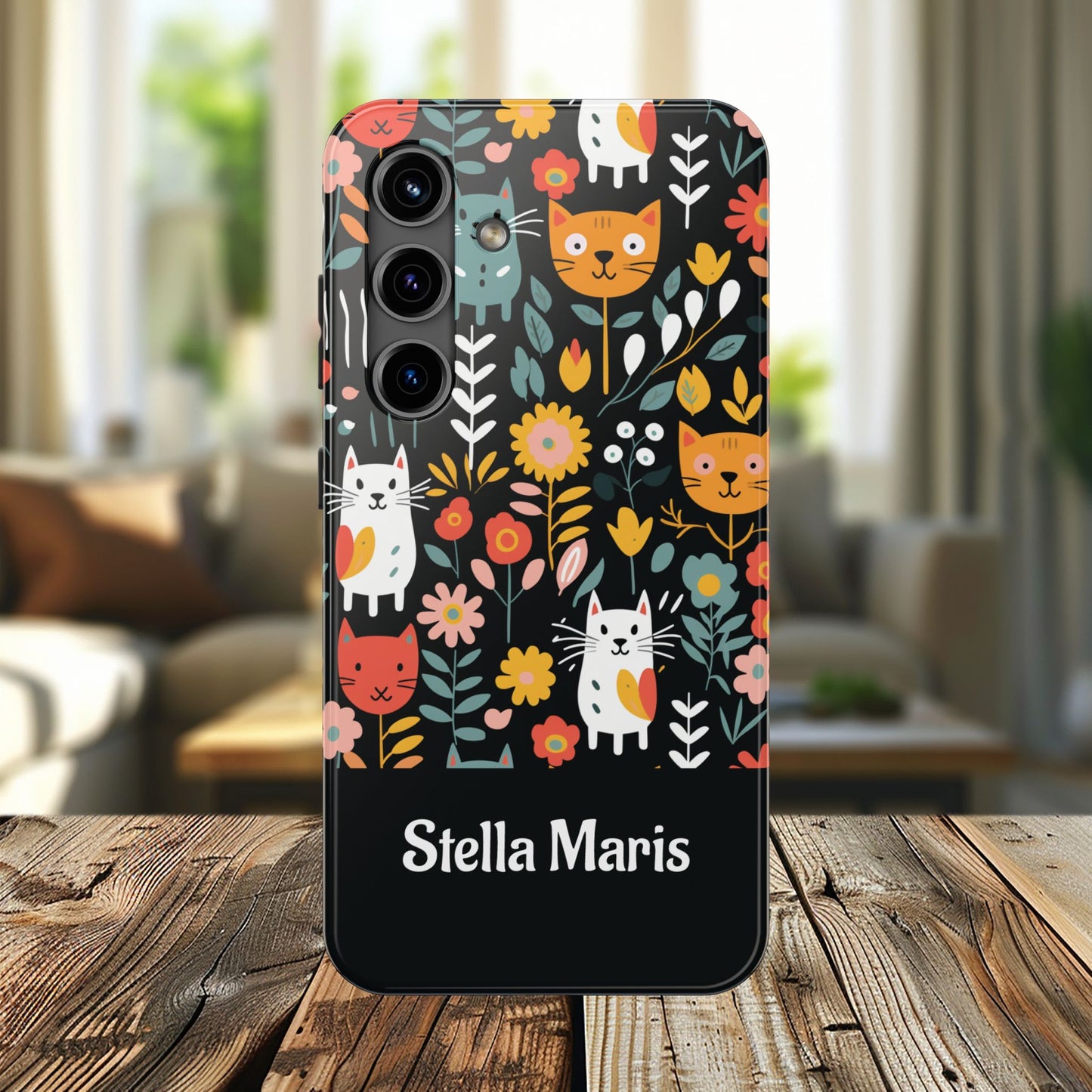 Personalized Whimsical Feline Garden Tough Phone Case — Custom Name iPhone & Samsung