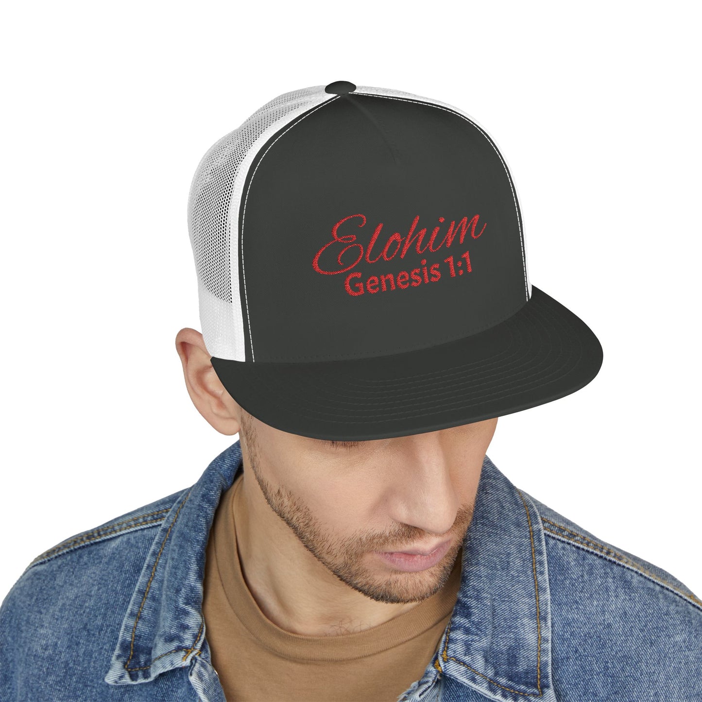 Red 'ELOHIM, GENESIS 1:1'  Embroidered 5 Panel Trucker Cap | Casual Style Hat, Adjustable, Unisex, Perfect Gift for Outdoors, Festivals, Daily Wear