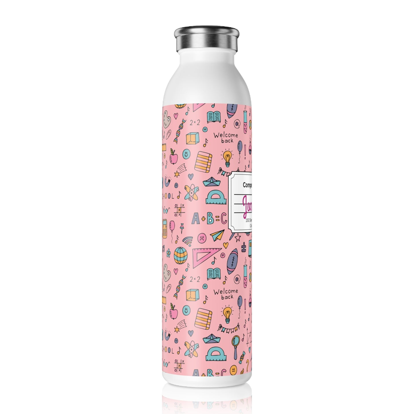Personalized Pink Chalkboard Chic Composition Book Inspired Slim Water Bottle, Customizable Drinkware, Eco-Friendly Hydration Bottle, Perfect for Gifts, School Supplies, Back to School