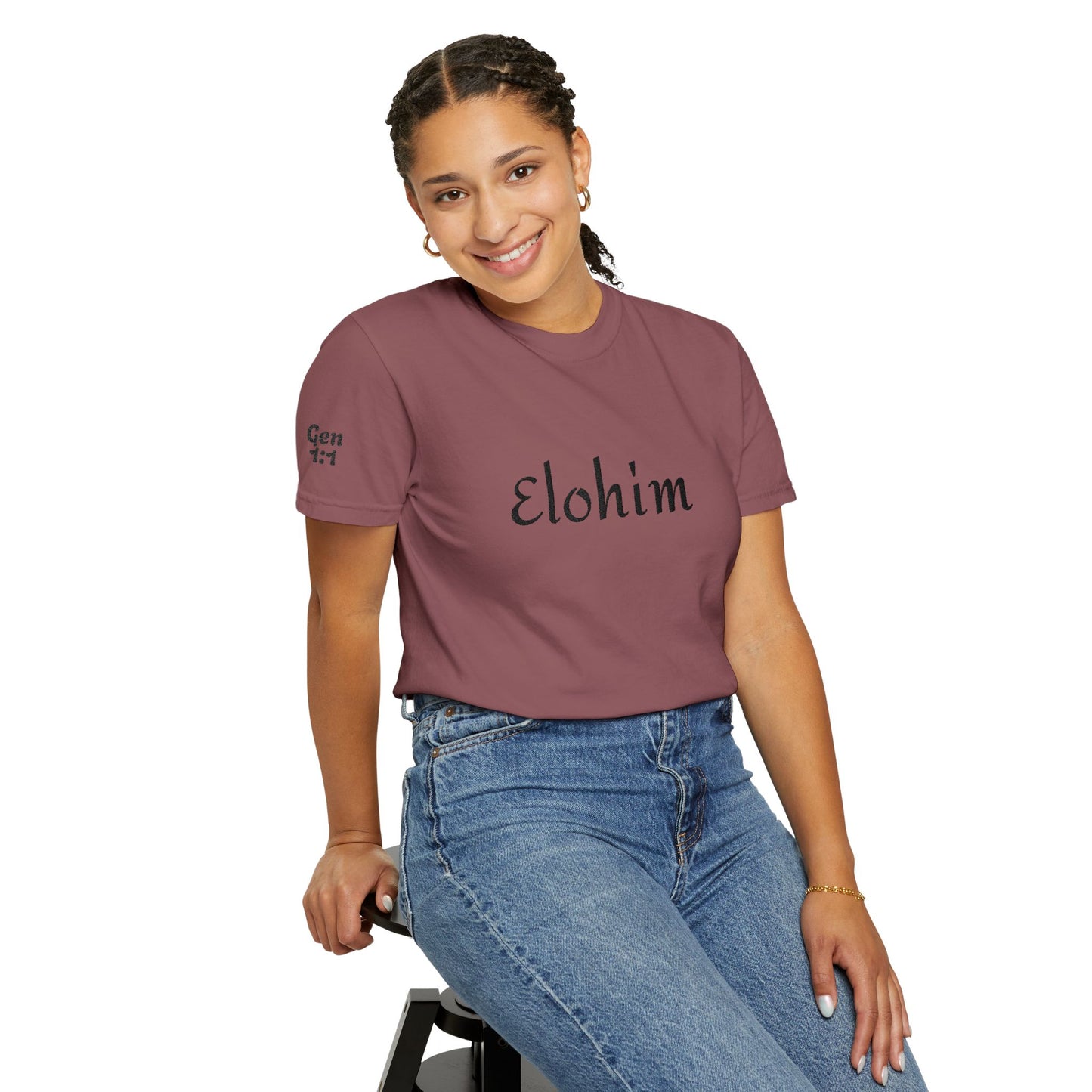 Embroidery 'ELOHIM, GENESIS 1:1' - Faith-Based Unisex Garment-Dyed Comfort Colors T-shirt, Faith Gift Tee, Religious Tee, Embroidery Tee.