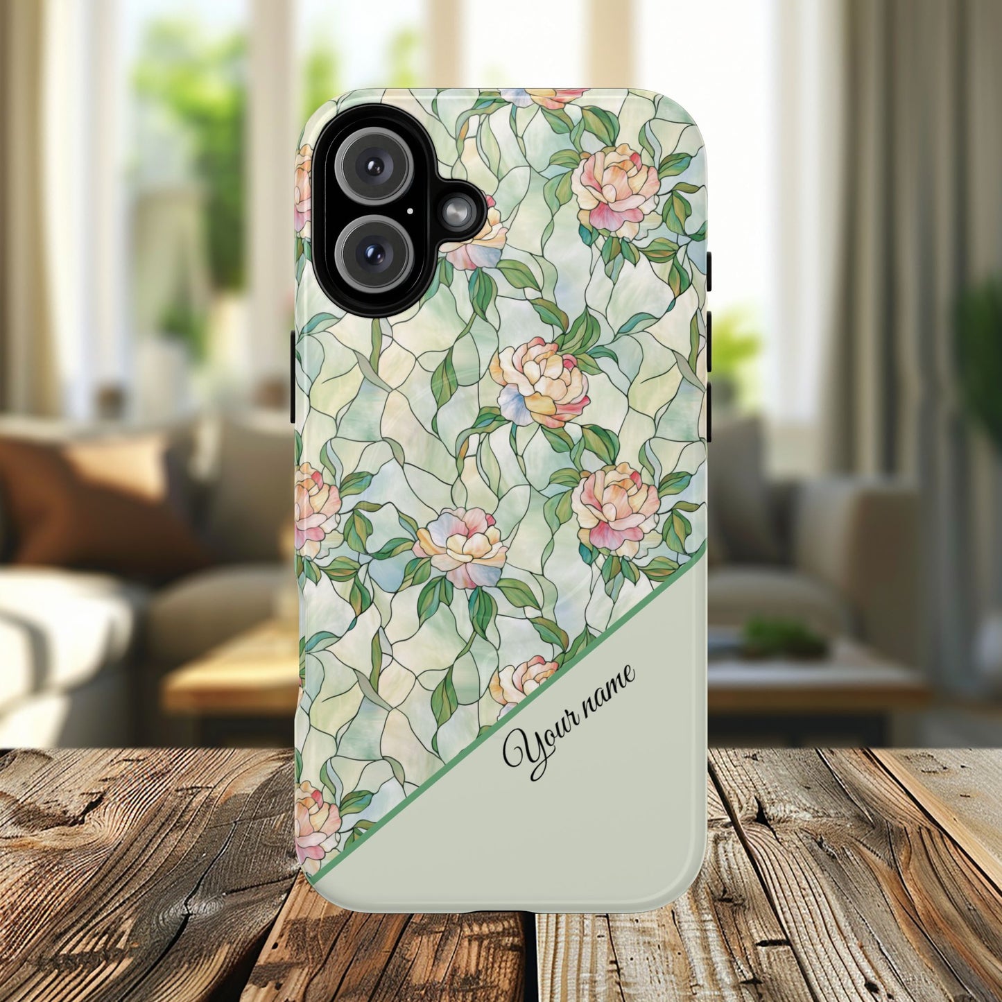 Personalized Petal Whispers Stained Glass Tough Magnetic iPhone Case, Durable Rose Pattern, Cute Gift for Her, iPhone Accessory, Mother's Day, Birthday Gift