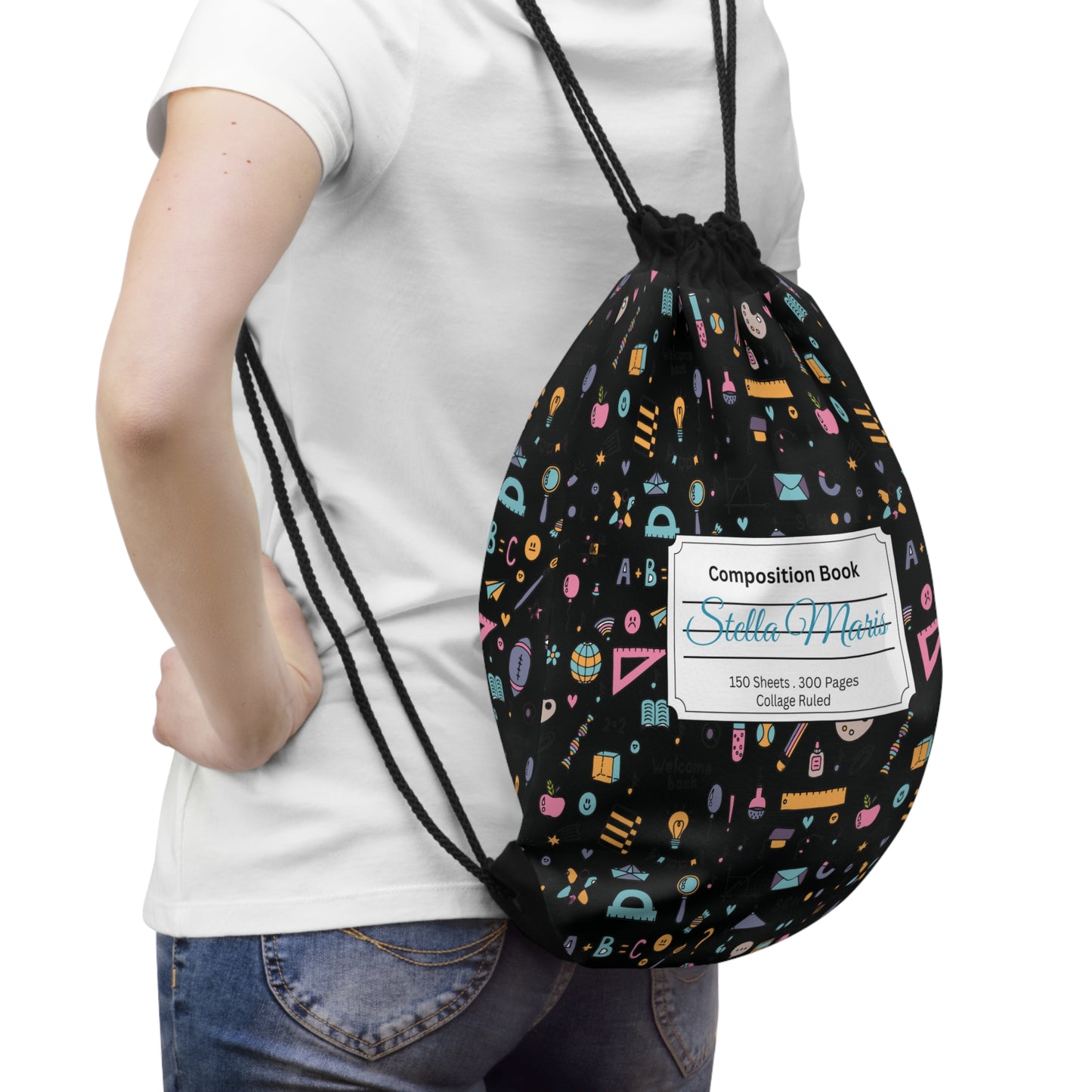 Custom Chalkboard Chic Composition Book Inspired Colorful plsyful icons Drawstring Bag | Personalized College Ruled Tote | Kids School Gear | Fun Gym Sack | Back to School Accessory