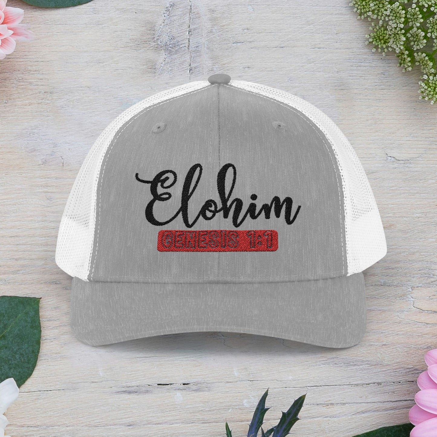 Embroidery 'ELOHIM, GENESIS 1:1' Faith Snapback Trucker Cap - Religious Hat, Stylish Accessory, Gift for Believers, Casual Wear, Outdoor Events, Faith-Based, Name of GOD.