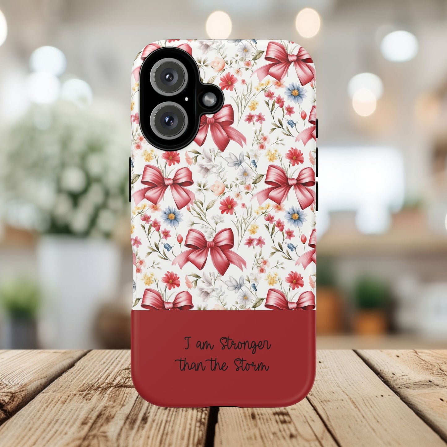 Personalized Rosette Coquette Phone Case - Custom Name/Message 'I Am Stronger Than The Storm' Floral Bow Protective Case