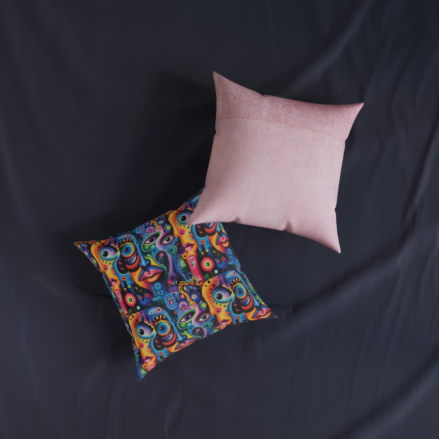 Psychedelic Visions Vibrant Art Square Pillow - Colorful Faces Design on Pink Back