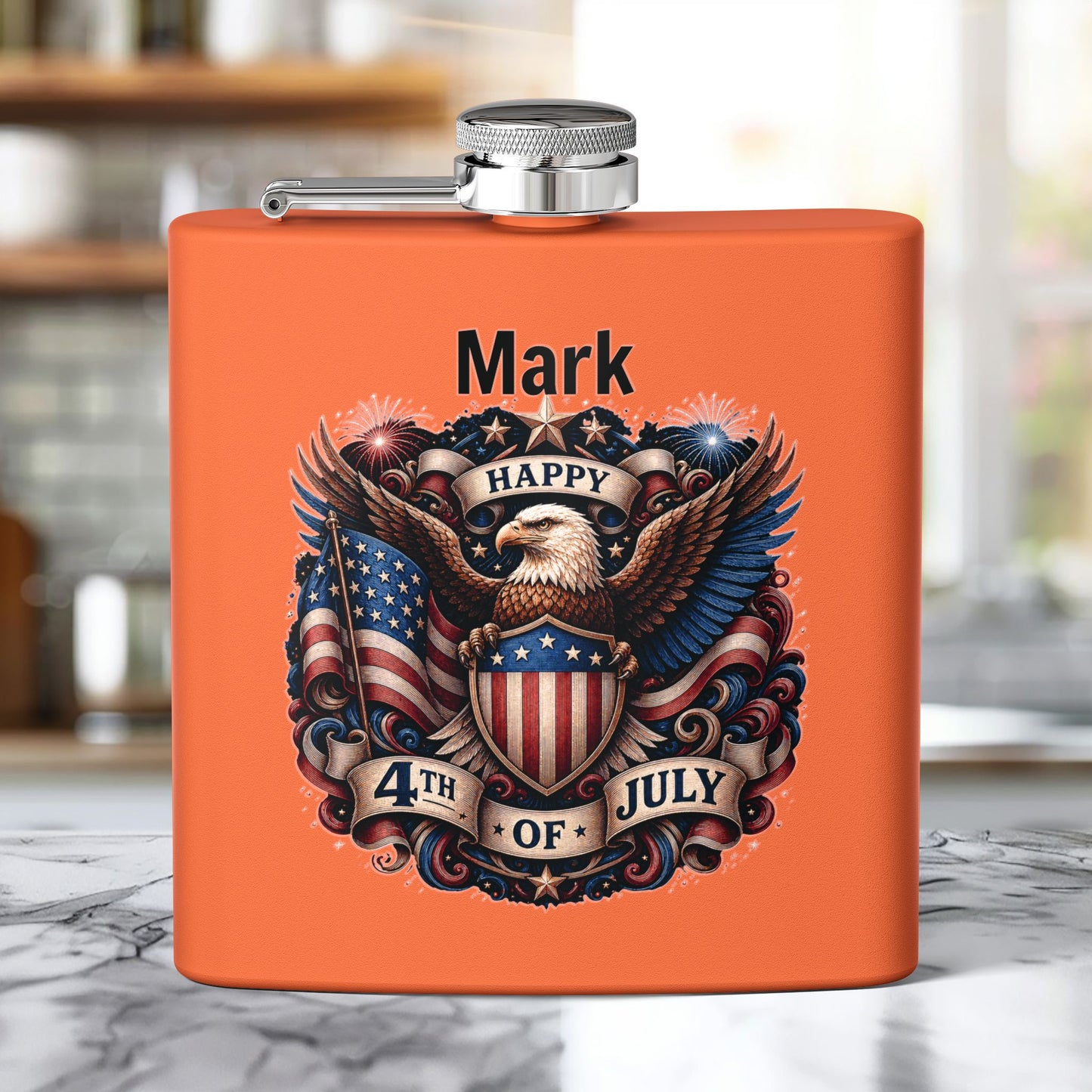 Personalized 4th of July Stainless Steel Flask – Patriotic Eagle Hip Flask (6 oz)