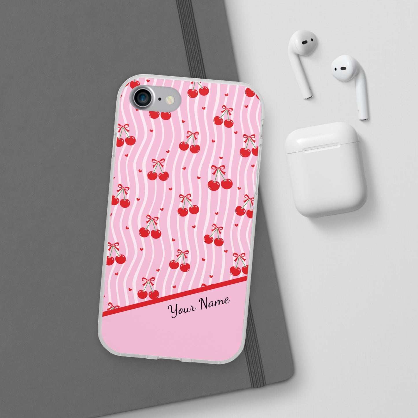 Personalized Cherry Blossom Dreams Flexi Case — Pink Retro Cherry iPhone® 7/8, 11, 12, 13, 14, 15, 16, 17, X/XS, SE, XR, Mini, Pro, Pro Max, Plus Cases.