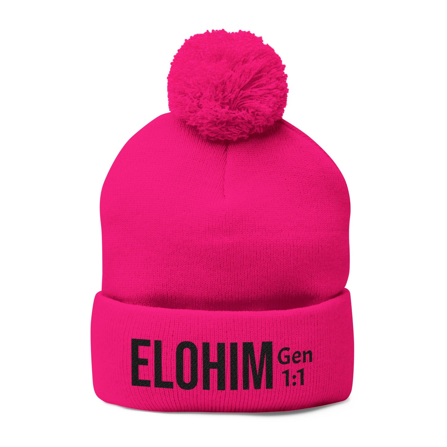 Cozy Pom-Pom Knit Cap with 'ELOHIM, GENESIS 1:1'  Embroidery Beanie - Stylish Winter Accessory for All Ages, Perfect Gift for Birthdays, Holidays, and Outdoor Activities