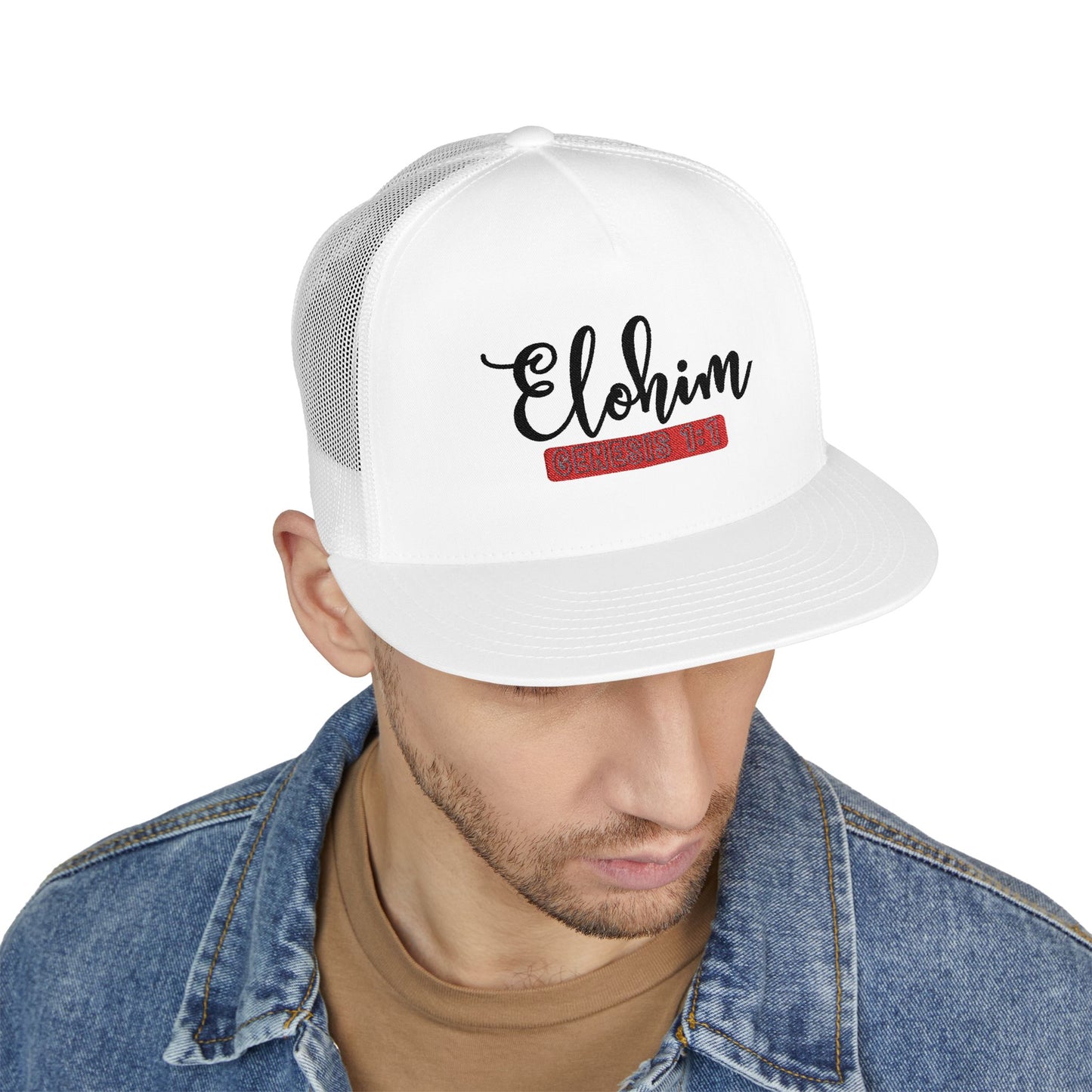 'ELOHIM, GENESIS 1:1'  Embroidered 5 Panel Trucker Cap | Casual Style Hat, Adjustable, Unisex, Perfect Gift for Outdoors, Festivals, Daily Wear