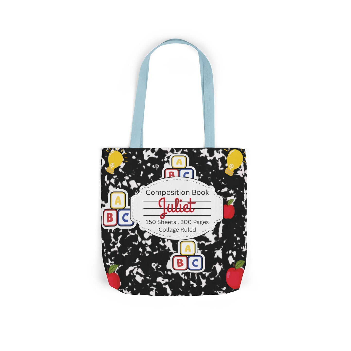 Personalized Black Composition Book Inspired Canvas Tote Bag with Colorful Straps, Cute School Bag, Eco-Friendly Tote, Back to School Shopping Bag, Teacher Gift Idea
