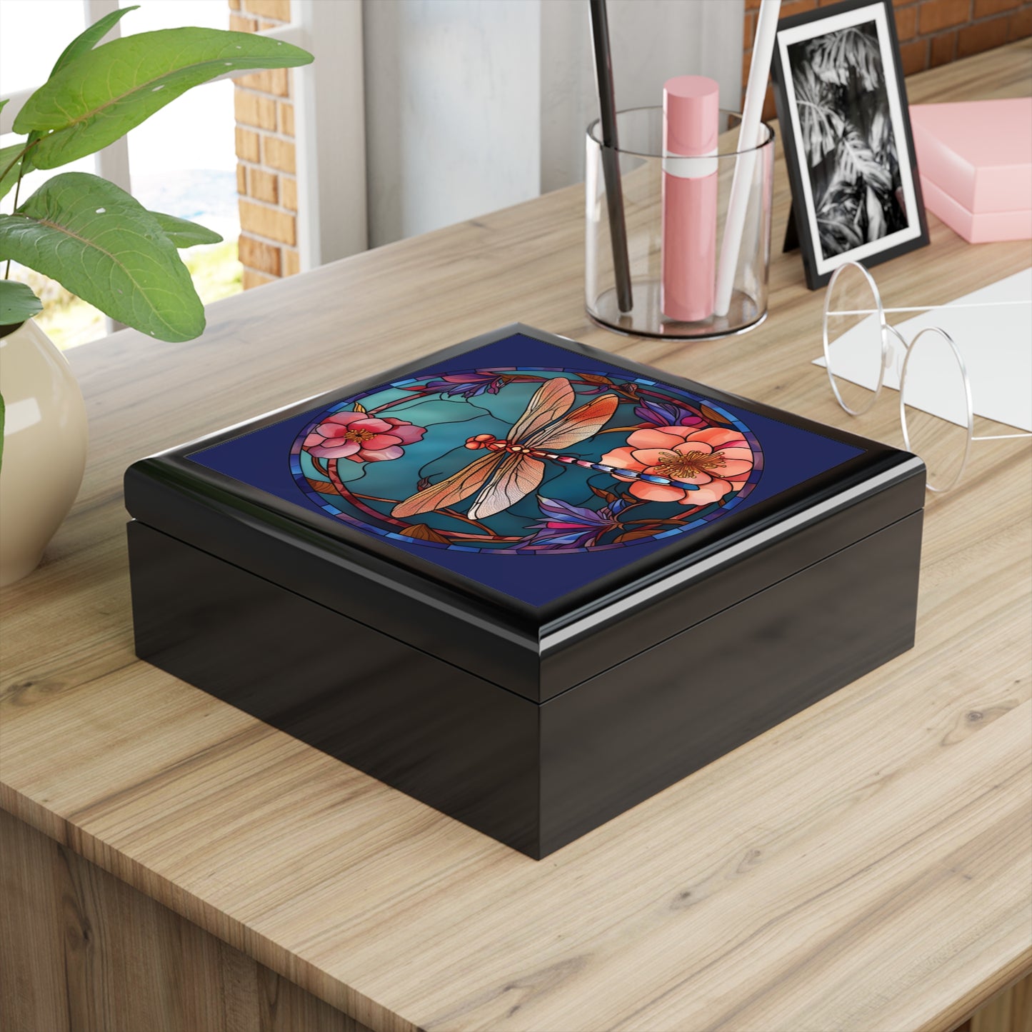 Dragonfly Stained Glass Jewelry Box — Floral Keepsake Storage