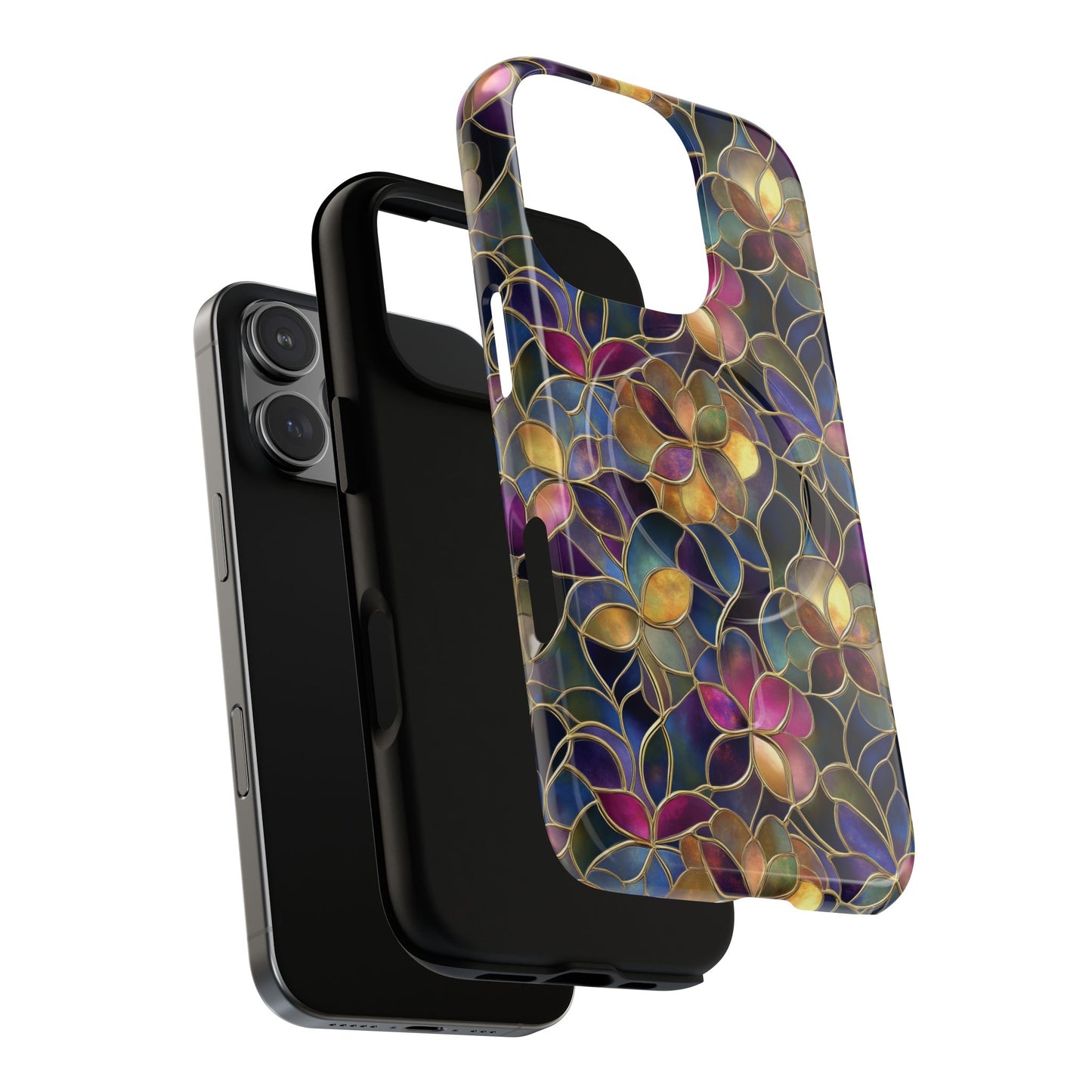 Chromatic Bloom Tough iPhone Magnetic Case, Tough iPhone Cover, Floral iPhone Accessory, Birthday Gift, Elegant Tech Decor, MagSafe Stained Glass Pattern.