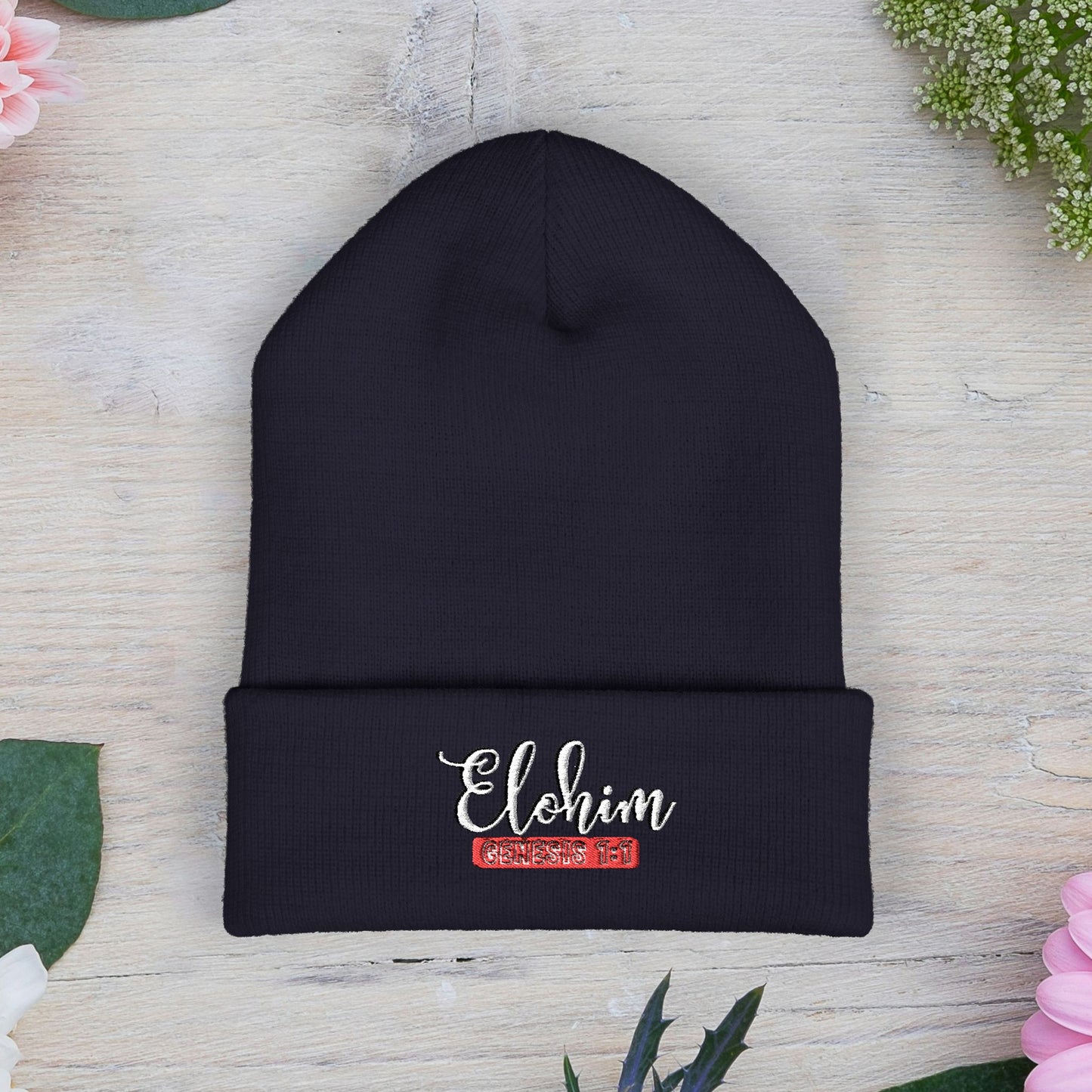 Embroidered 'ELOHIM, GENESIS 1:1' Classic Cuffed Beanie - Cozy Winter Hat, Streetwear Accessory, Personalized Gifts, Religious Apparel, Unisex Beanie