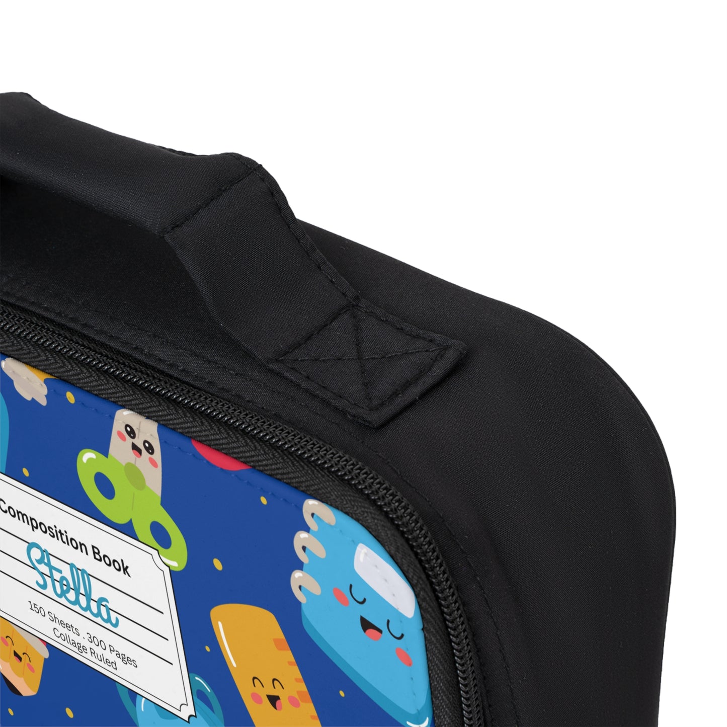 Personalized Blue Kawaii Composition Book Inspired Colorful Kids Lunch Bag for School, Snack Bag, Lunch Tote, Lunchbox, Kids' Bag with Fun Back to School Design