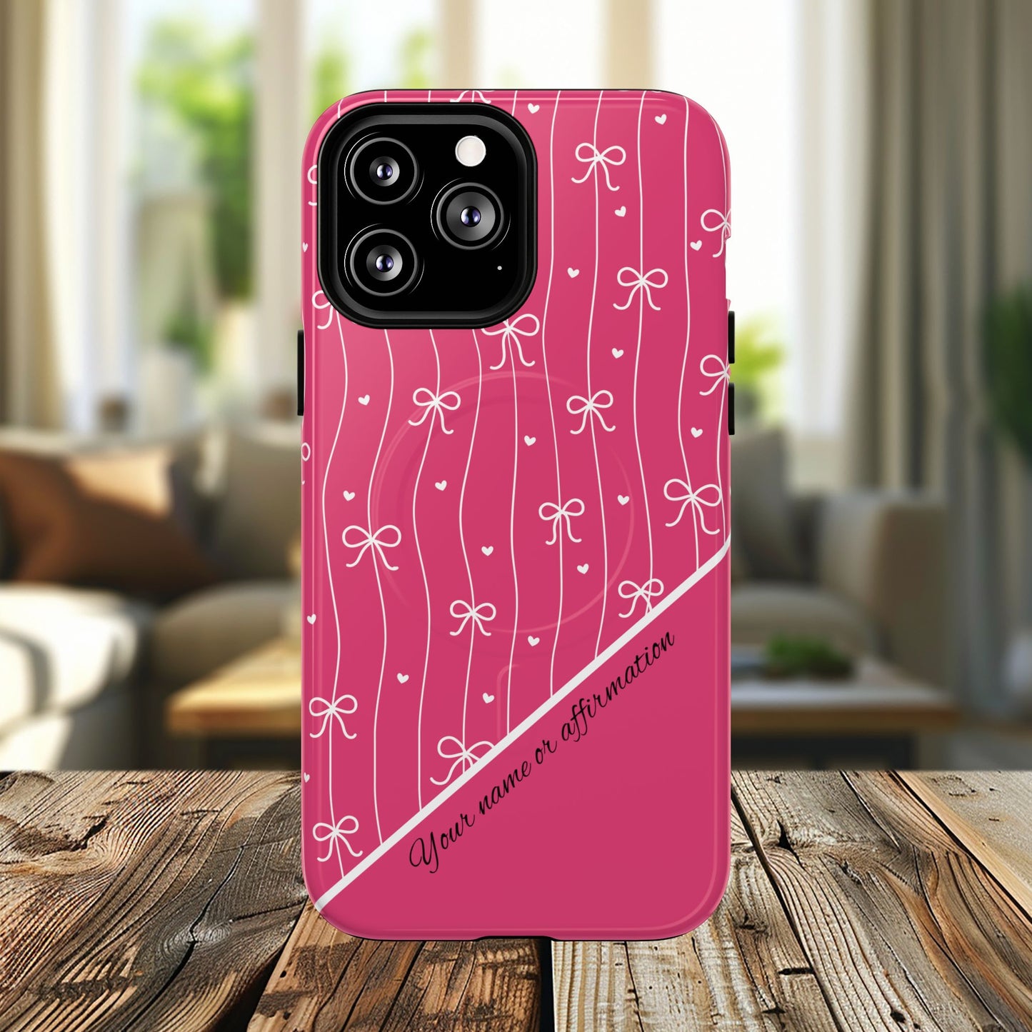 Pink Bow Coquette Magnetic Tough Magnetic MagSafe®  Case — (Add Name or Affirmation)-iPhone® 13, 14, iPhone 15, iPhone 16, iPhone 17, Pro, Pro Max, Plus Cases.
