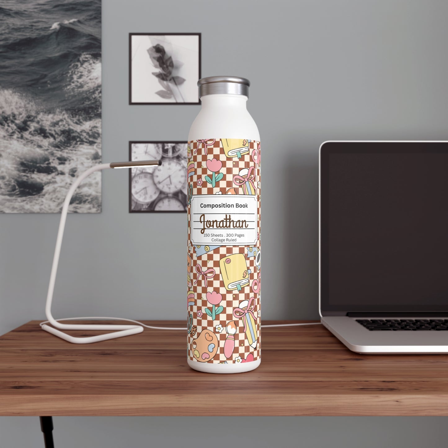 Personalized Composition Brown Doodle Daydream Book Inspired Slim Water Bottle, Customizable Drinkware, Eco-Friendly Hydration Bottle, Perfect for Gifts, School Supplies, Back to School