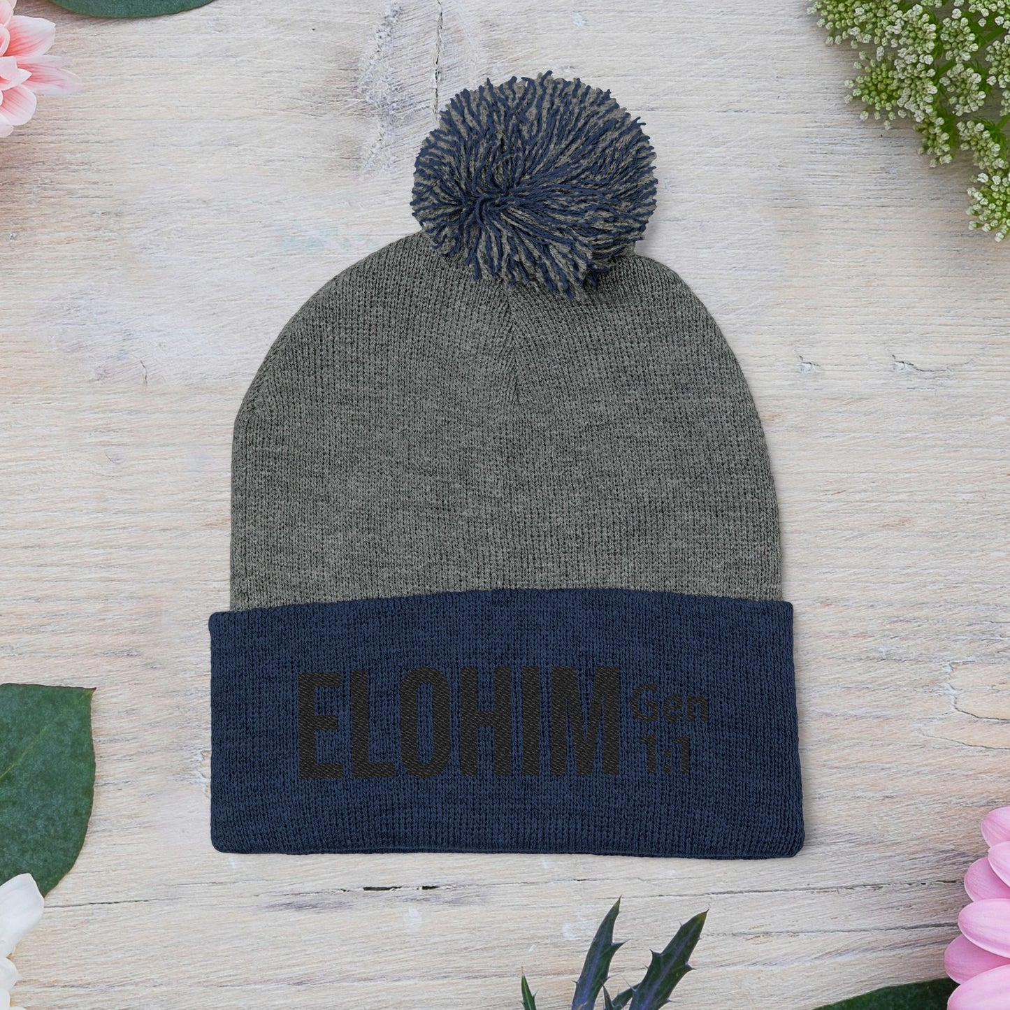 Cozy Pom-Pom Knit Cap with 'ELOHIM, GENESIS 1:1'  Embroidery Beanie - Stylish Winter Accessory for All Ages, Perfect Gift for Birthdays, Holidays, and Outdoor Activities