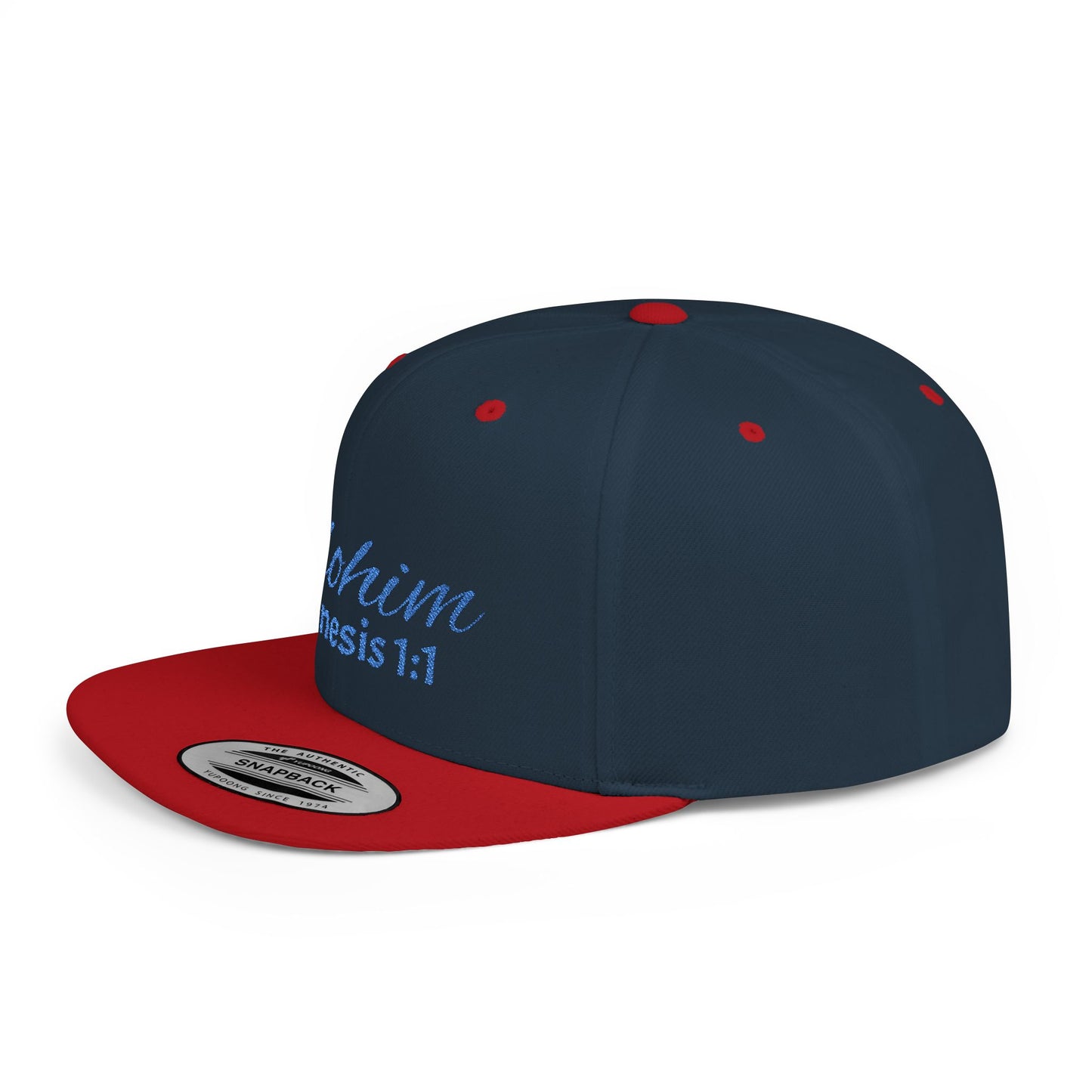Blue Embroidery 'ELOHIM, GENESIS 1:1' Flat Bill Snapback Hat, Stylish Cap for Everyday Wear, Church Events, Gift for Him/Her, Streetwear Accessory, Casual Fashion