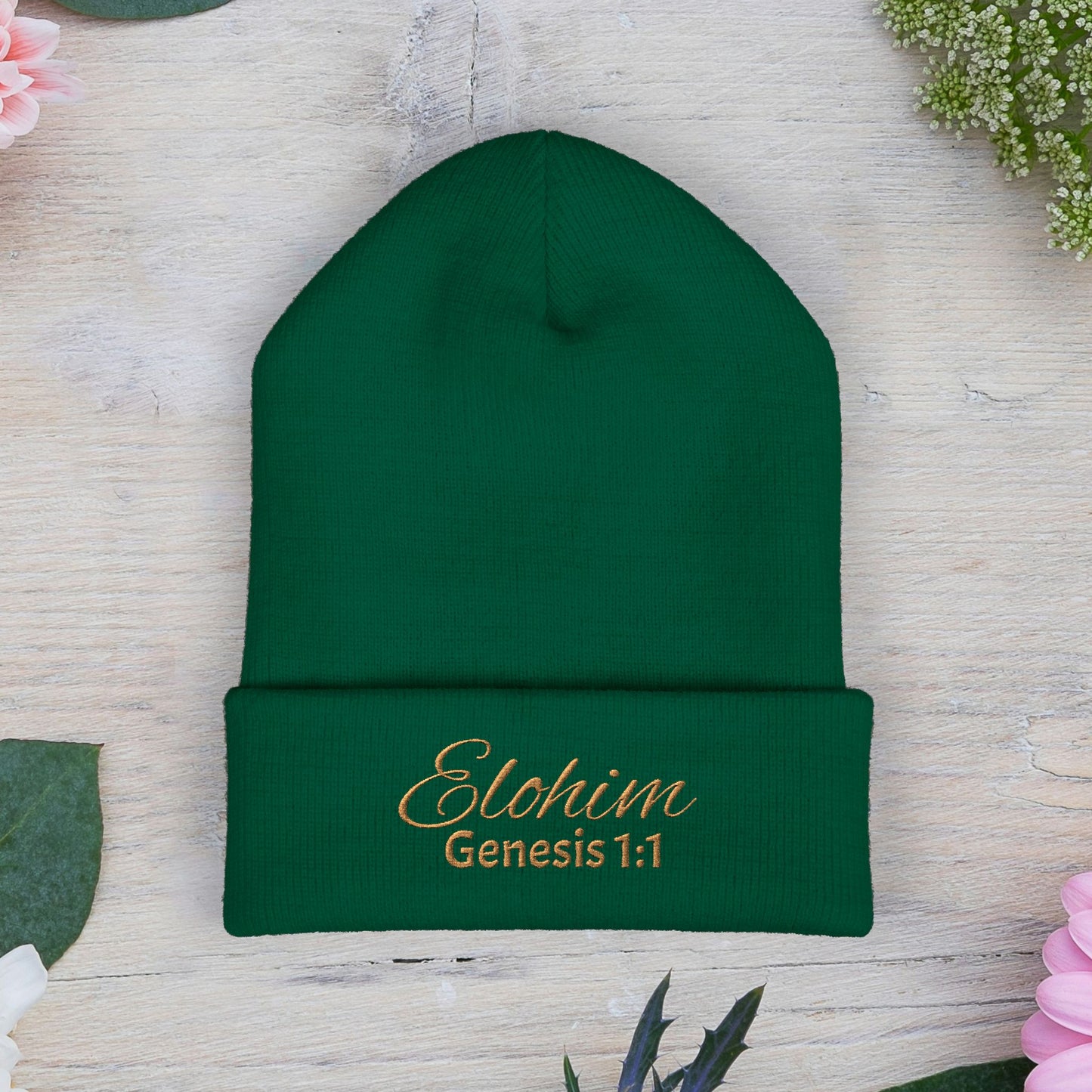 Brown Embroidered 'ELOHIM, GENESIS 1:1' Classic Cuffed Beanie - Cozy Winter Hat, Streetwear Accessory, Personalized Gifts, Religious Apparel, Unisex Beanie