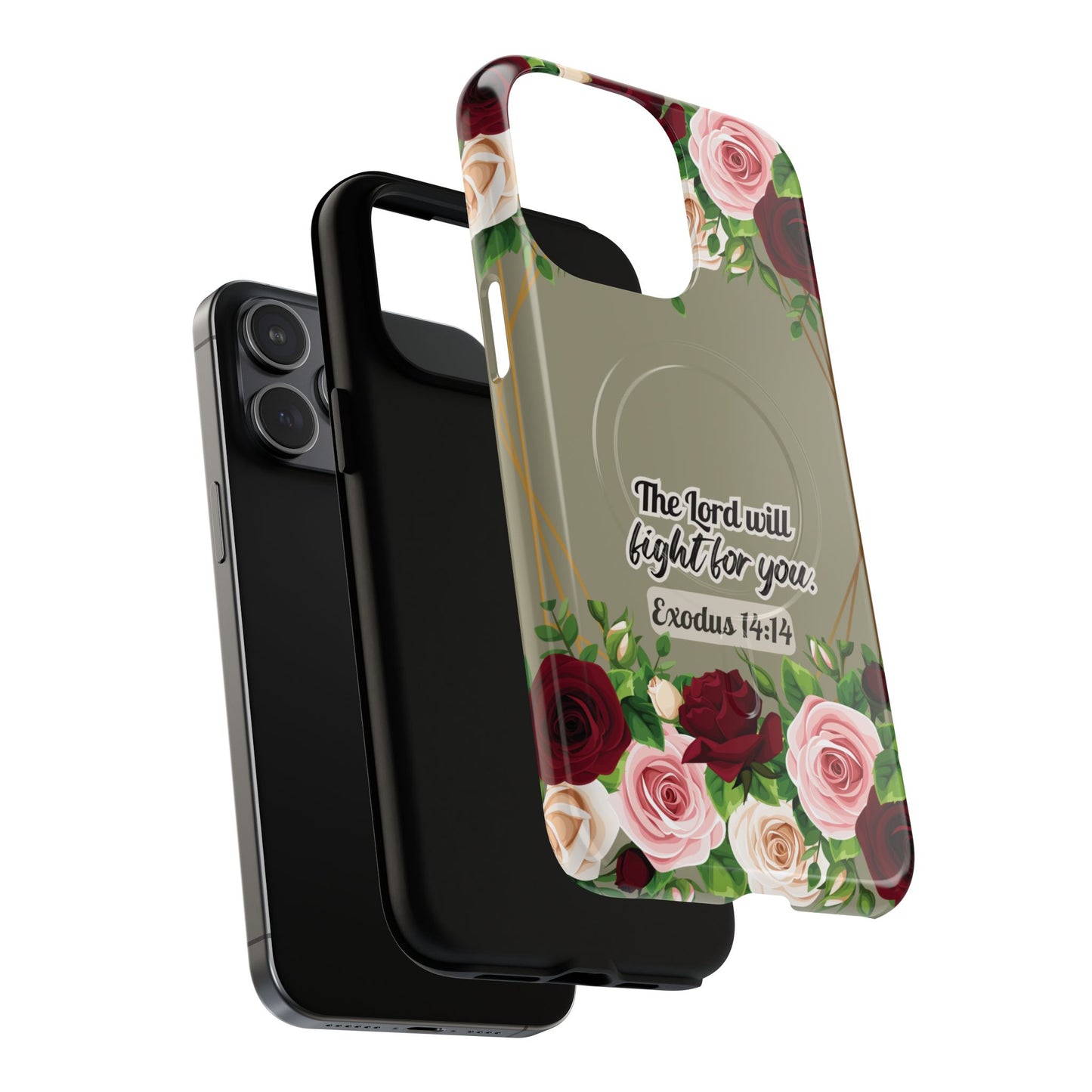 The Lord will Fight for You Exodus 14:14, Inspirational Gift, Tough iPhone Magnetic Case Scripture, Roses Bible Verse, MagSafe® iPhone® Tough Case, iPhone 14, iPhone 15, iPhone 16, Pro, Pro Max, Plus.