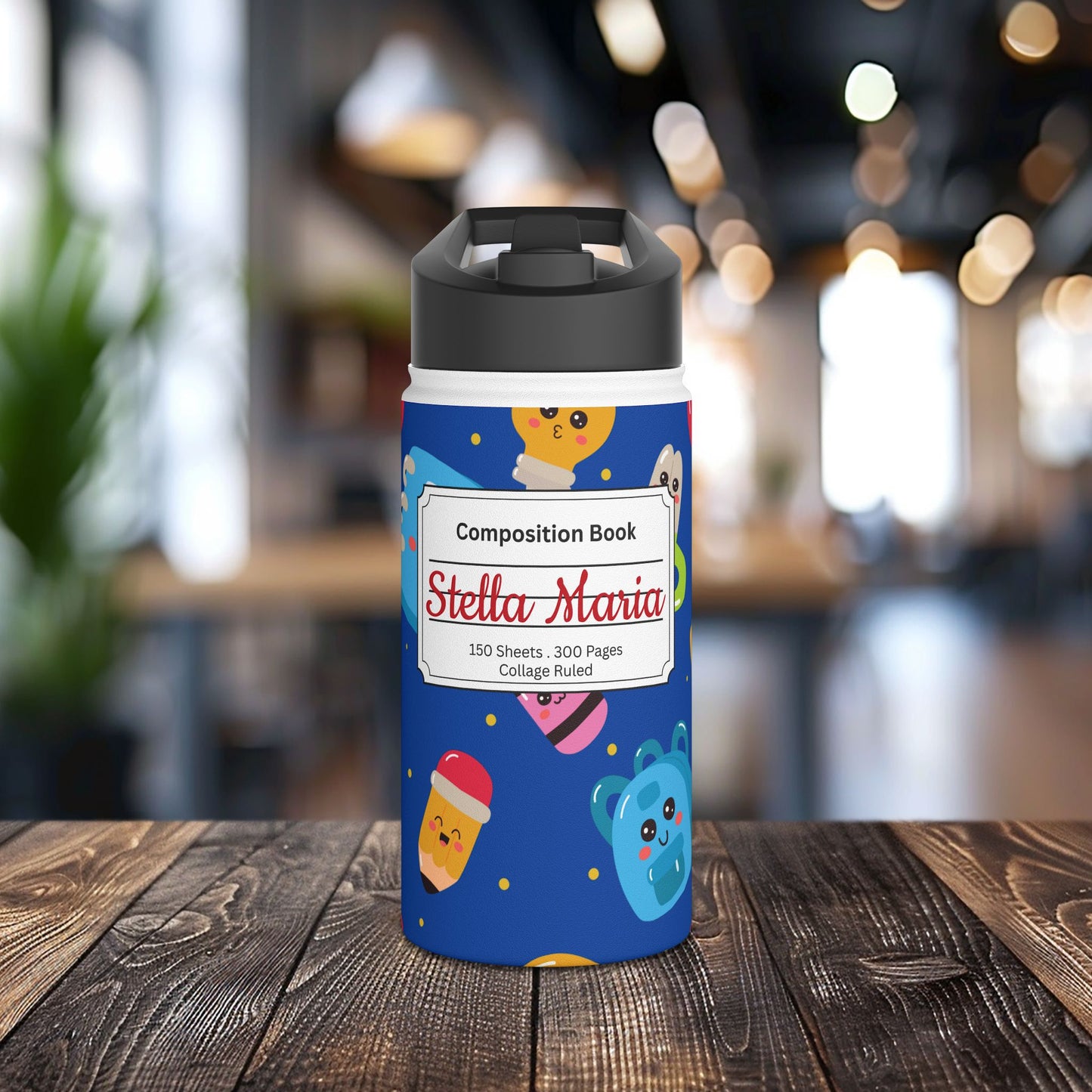 Personalized Blue Kawaii Composition Book Inspired Stainless Steel Water Bottle for Kids, School Supplies, Eco-Friendly Drinkware, Back to School, Teacher Gifts