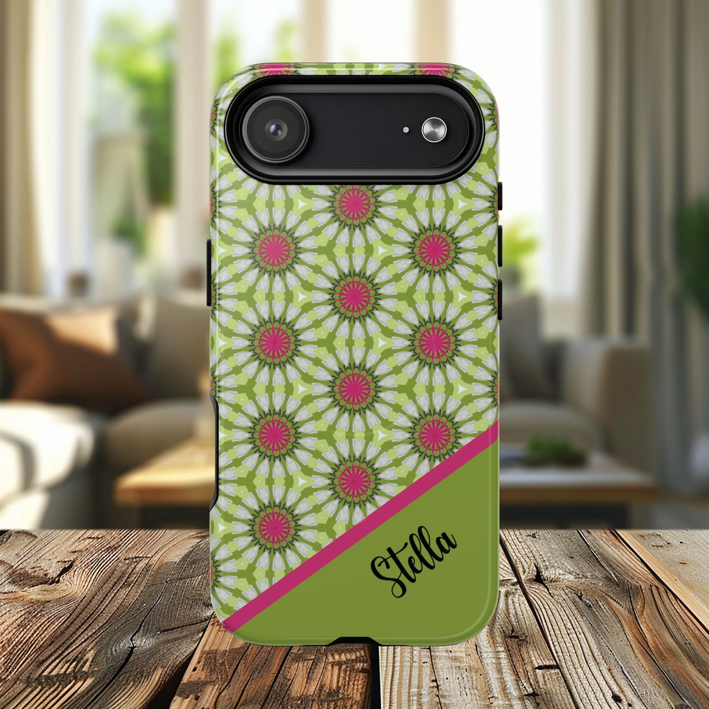 Personalized Meadow Mandala Bloom Vibrant Flower  — Green & Pink Geometric Daisy Design