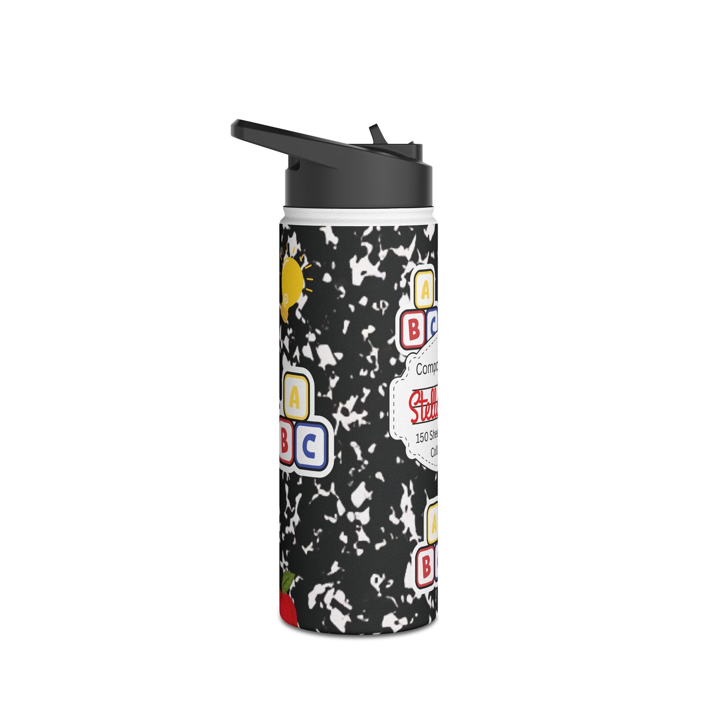 Personalized Black Composition Book Inspired Stainless Steel Water Bottle for Kids, School Supplies, Eco-Friendly Drinkware, Back to School, Teacher Gifts