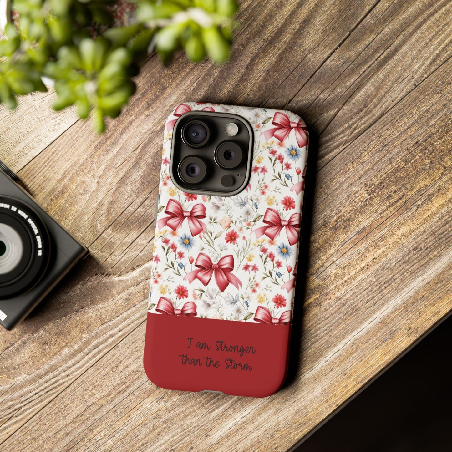 Personalized Rosette Coquette Phone Case - Custom Name/Message 'I Am Stronger Than The Storm' Floral Bow Protective Case