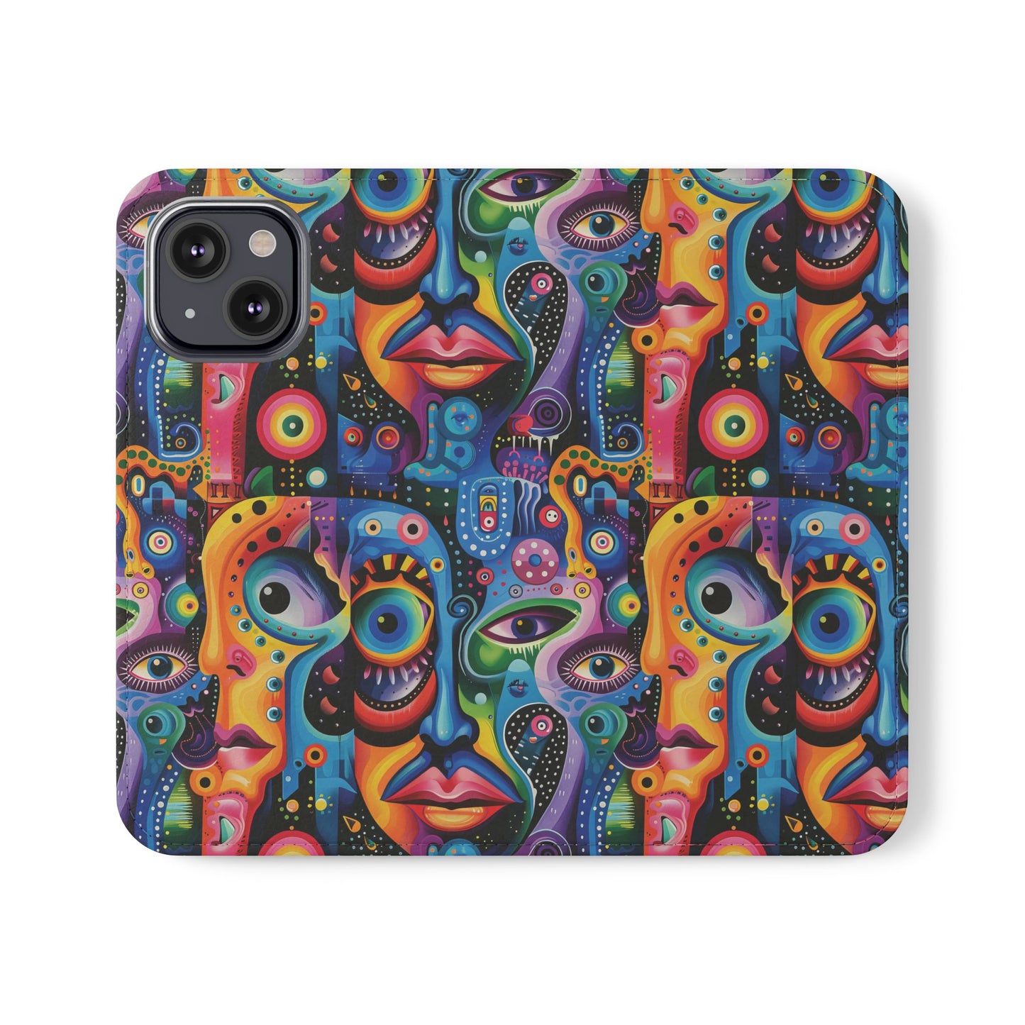Psychedelic Visions Vibrant Art Flip iPhone and Samsung Phone Case - Colorful Faces Design for Phone Protection