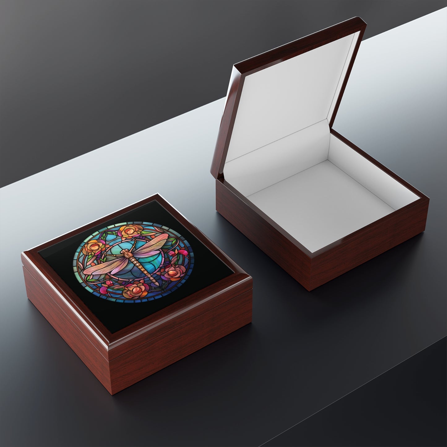 Dragonfly Stained Glass Jewelry Box — Floral Keepsake Trinket Box