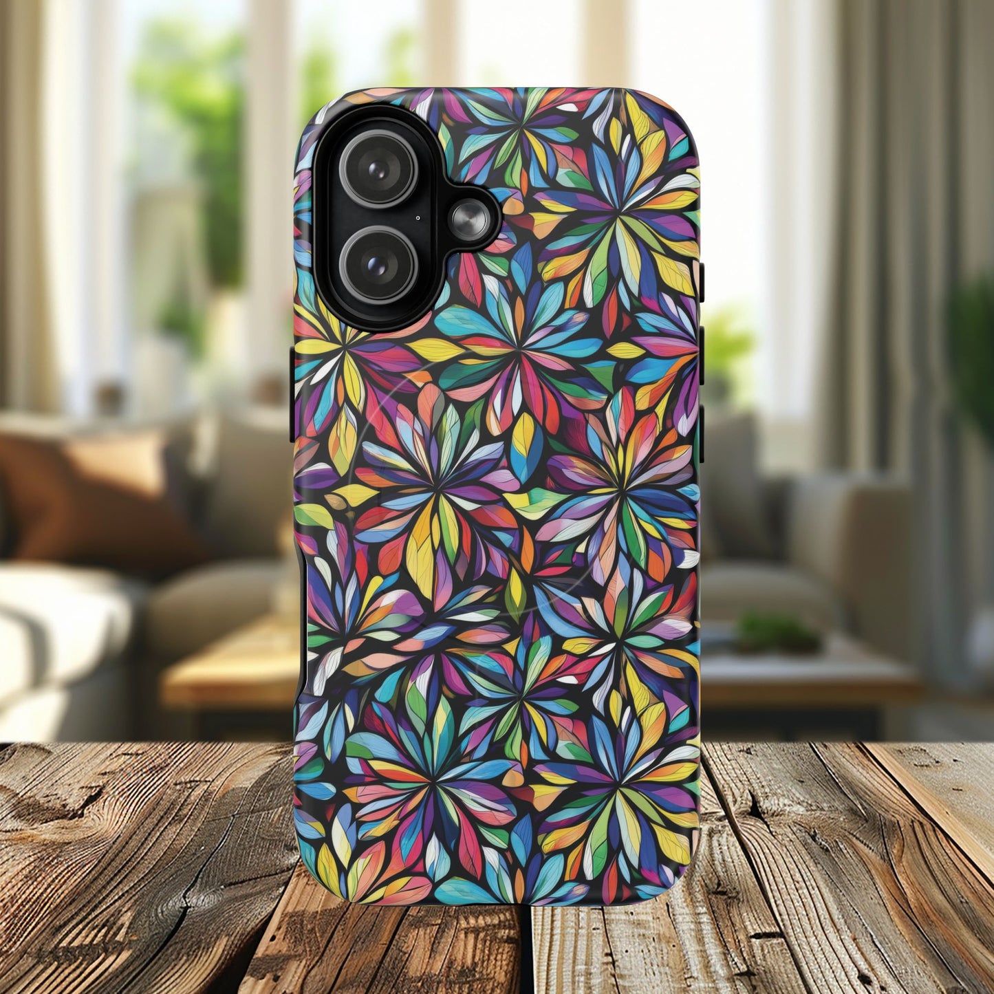 Prism Petal Burst Tough Magnetic iPhone Case, Colorful iPhone Case, Unique Gift for Flower Lovers, Stylish stained Glass Accessory