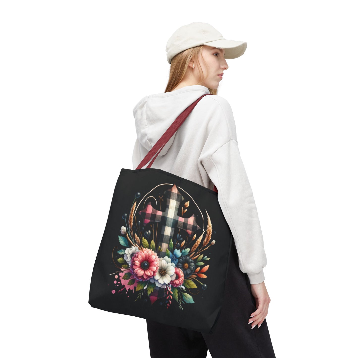 Faith and Floral Cross Heart Tote Bag