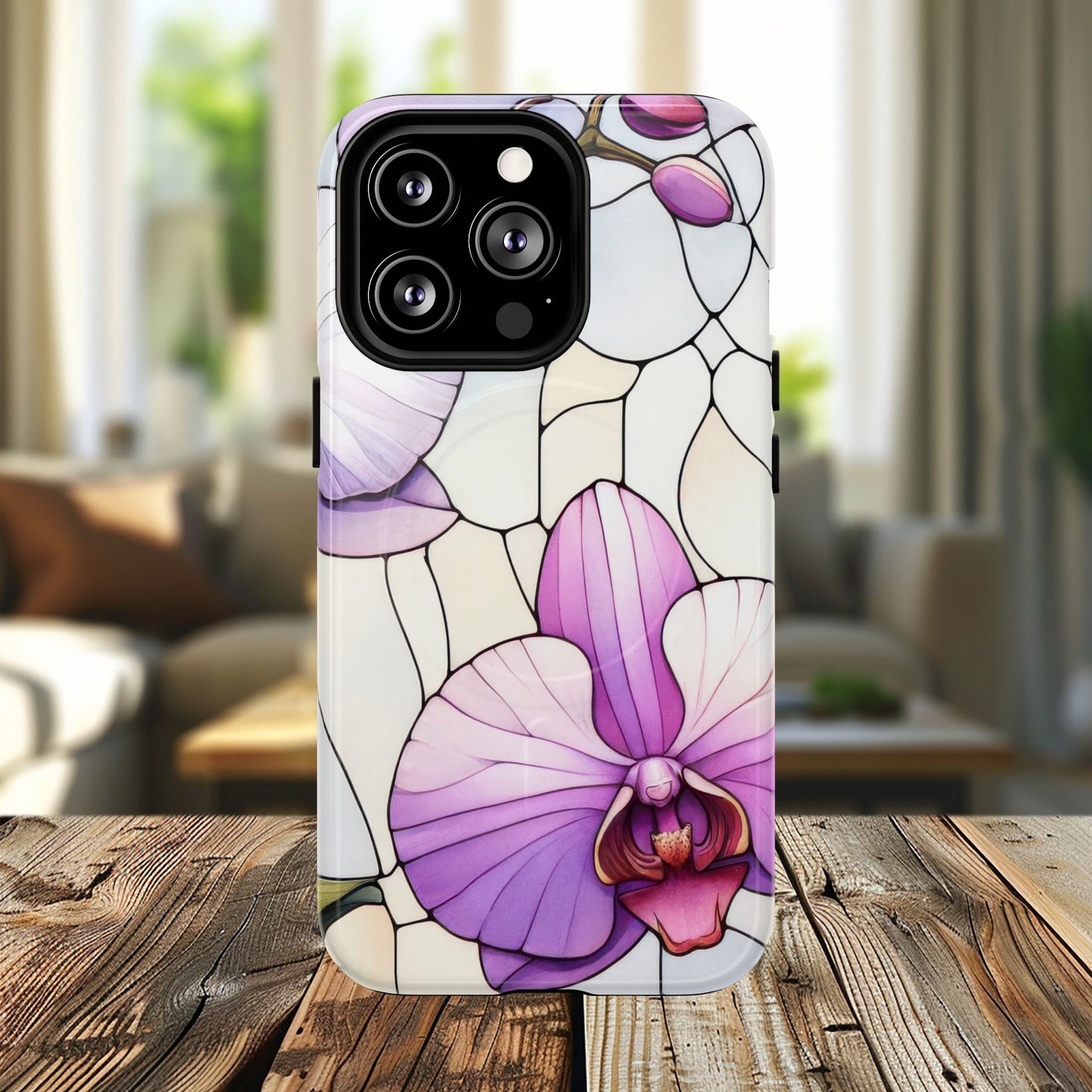 Orchid Grace Tough iPhone Magnetic Case, Protective iPhone Cover, Trendy Stained Glass Design, Floral Gift, Unique iPhone Accessory, Durable iPhone Case