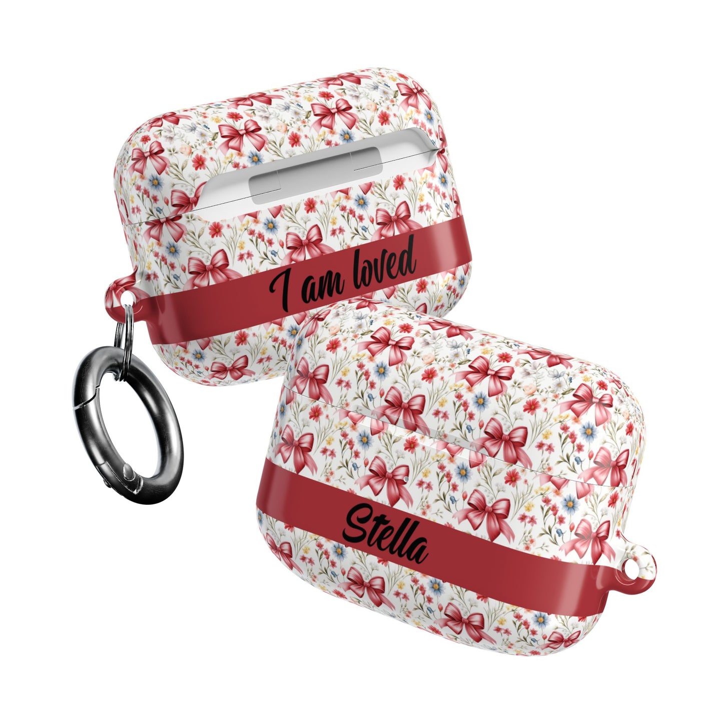 Personalized Rosette Coquette Floral AirPods Pro Gen 1, 2 and Airpods Gen 1, 2, 3, 4 Case — Red Bow Pattern with Custom Name Text.