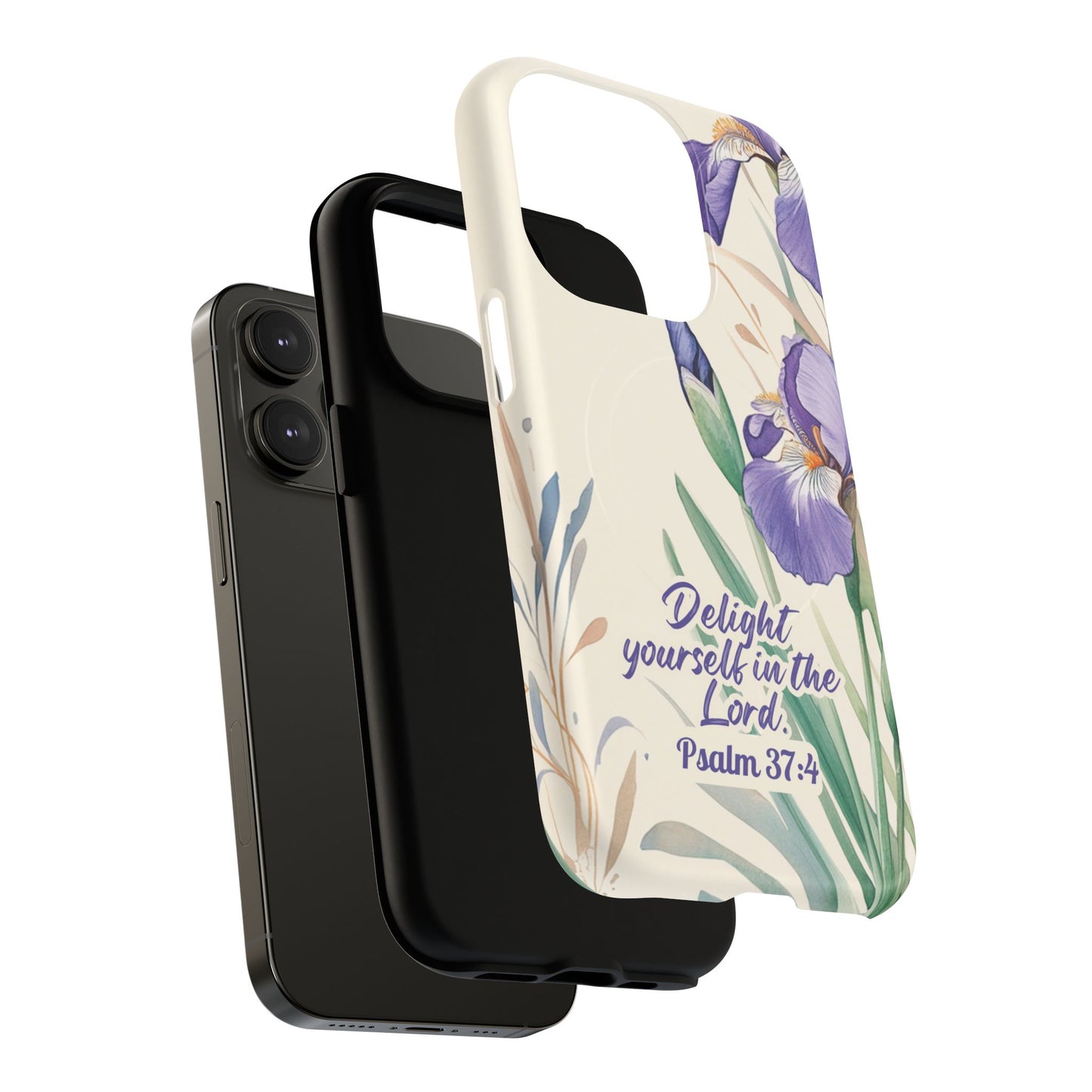 Delight yourself in the Lord Psalm 37:4, Inspirational Gift, iPhone Magnetic Case Scripture, Floral Bible Verse, MagSafe® iPhone® Tough Case, iPhone 14, iPhone 15, iPhone 16, Pro, Pro Max, Plus.