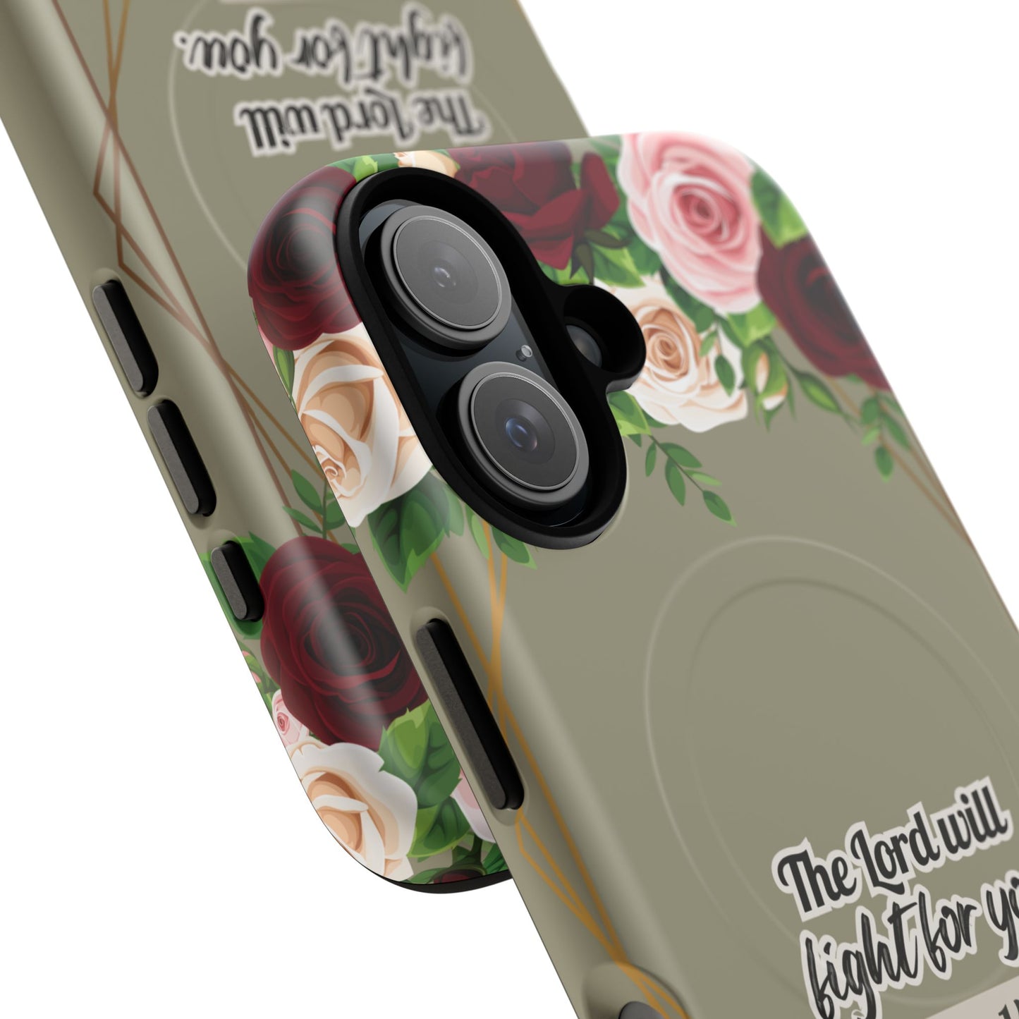 The Lord will Fight for You Exodus 14:14, Inspirational Gift, Tough iPhone Magnetic Case Scripture, Roses Bible Verse, MagSafe® iPhone® Tough Case, iPhone 14, iPhone 15, iPhone 16, Pro, Pro Max, Plus.