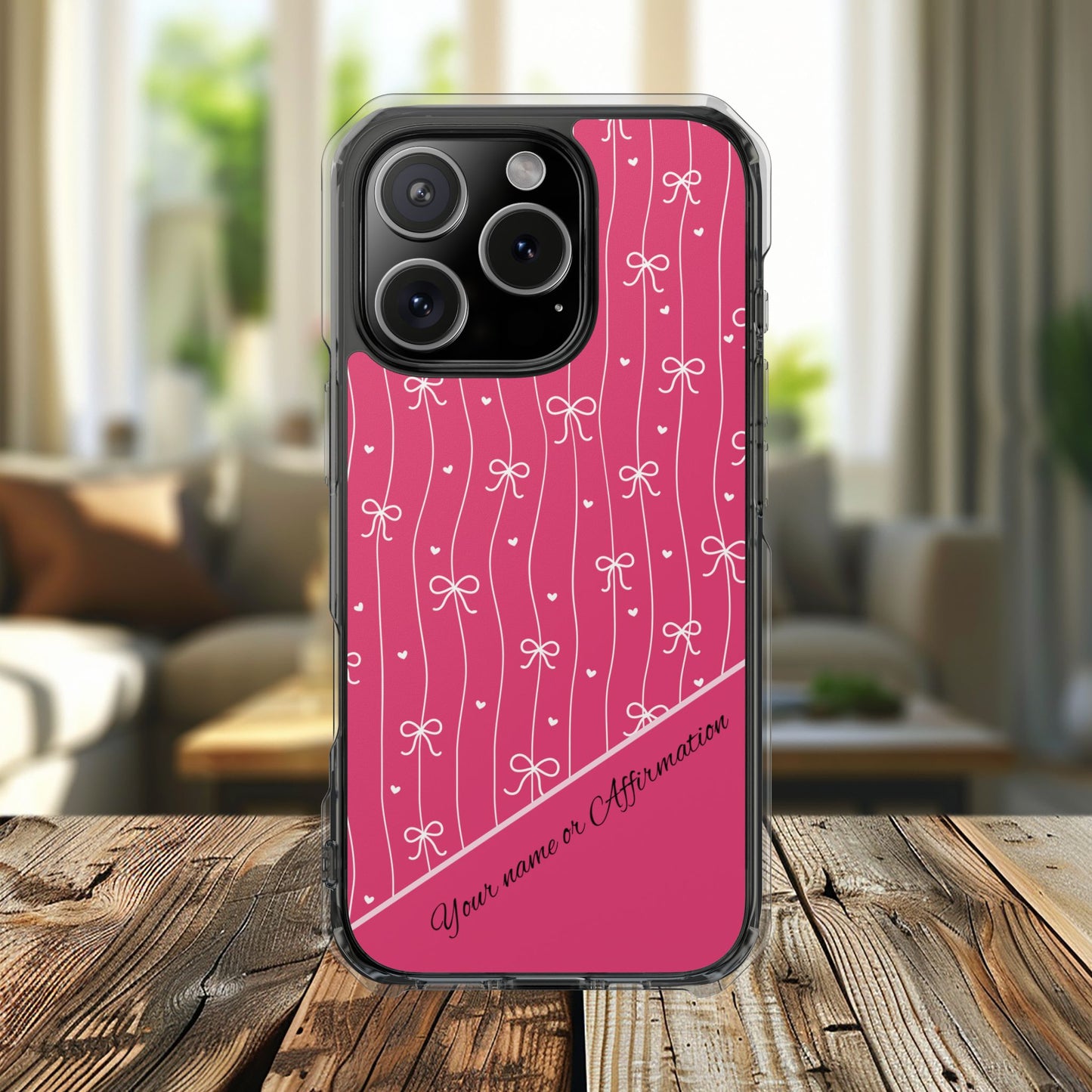 Personalized Pink Bow Coquette Tough Magnetic MagSafe® Clear iPhone Case  iPhone® 13, 14, iPhone 15, iPhone 16, iPhone 17, Pro, Pro Max, Plus Cases.