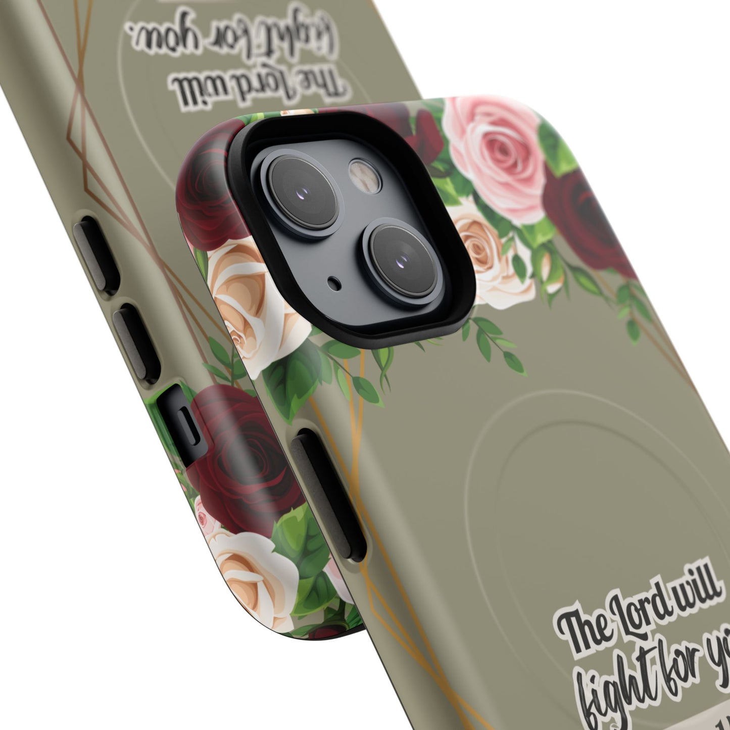 The Lord will Fight for You Exodus 14:14, Inspirational Gift, Tough iPhone Magnetic Case Scripture, Roses Bible Verse, MagSafe® iPhone® Tough Case, iPhone 14, iPhone 15, iPhone 16, Pro, Pro Max, Plus.