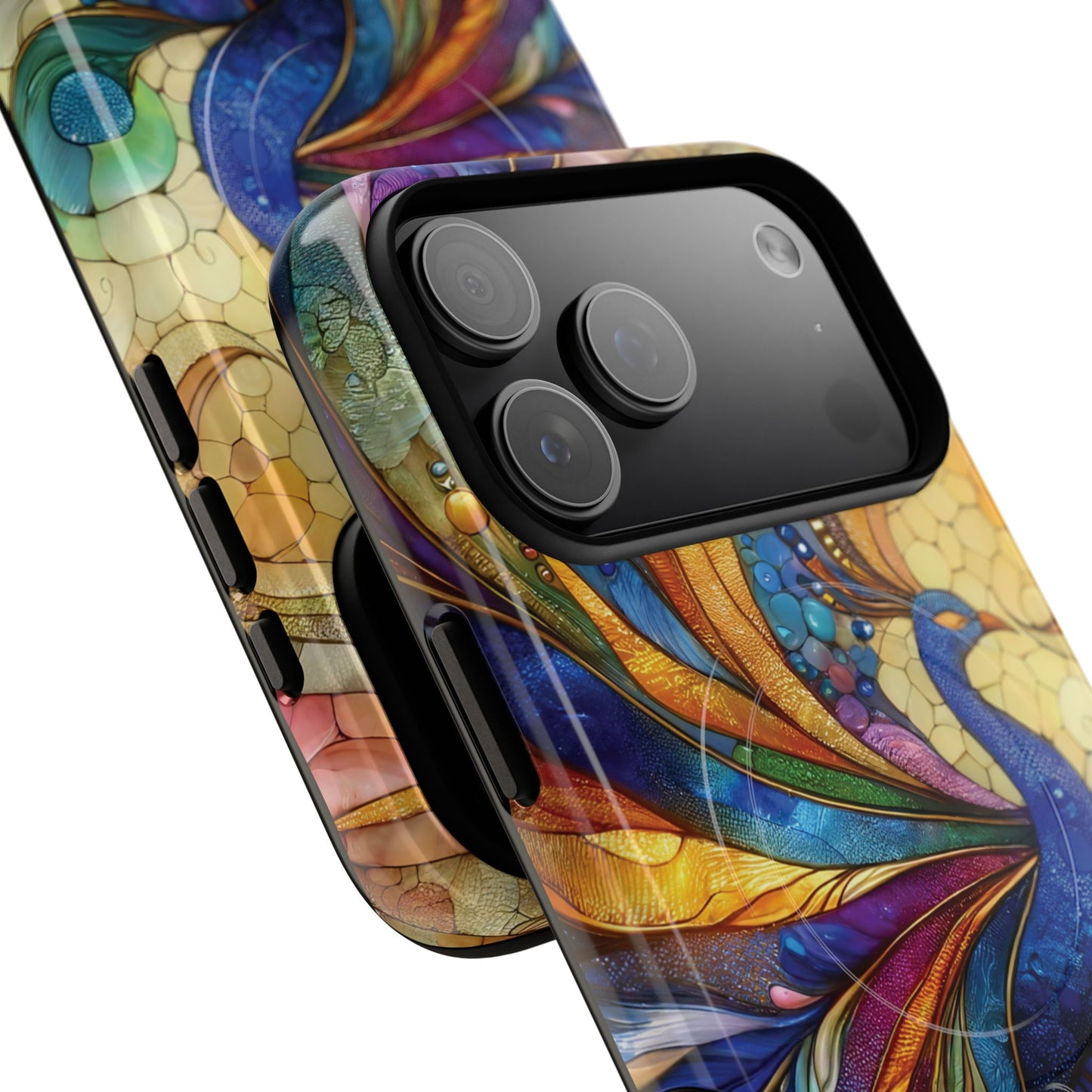 Mosaic Peacock Feathers Magnetic Phone Case, Tough Phone Shell, Vibrant Art Case, Gift for Her, Unique Phone Accessory, Wildlife Lover's Gift, Stained Glass Case.