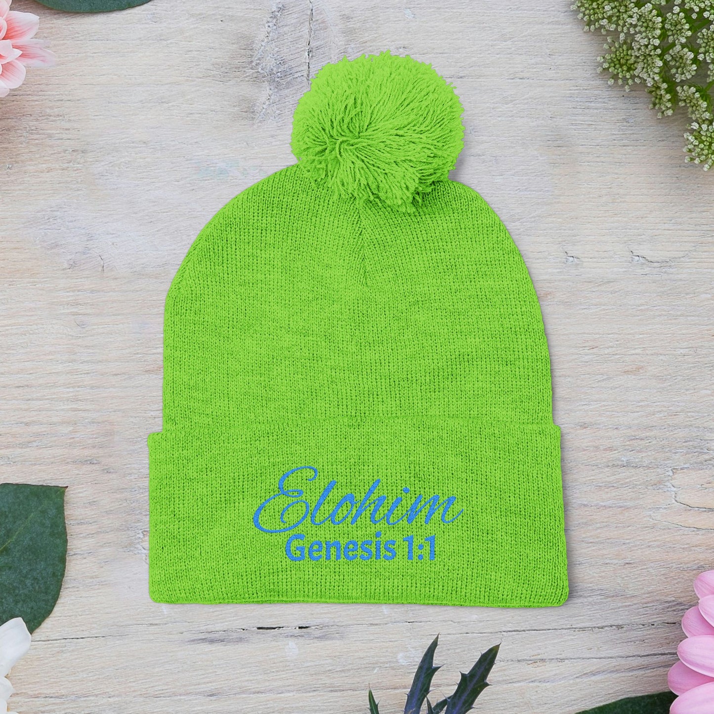 Pom-Pom Knit Cap with 'ELOHIM, GENESIS 1:1'  Embroidery Beanie - Stylish Winter Accessory for All Ages, Perfect Gift for Birthdays, Holidays, and Outdoor Activities